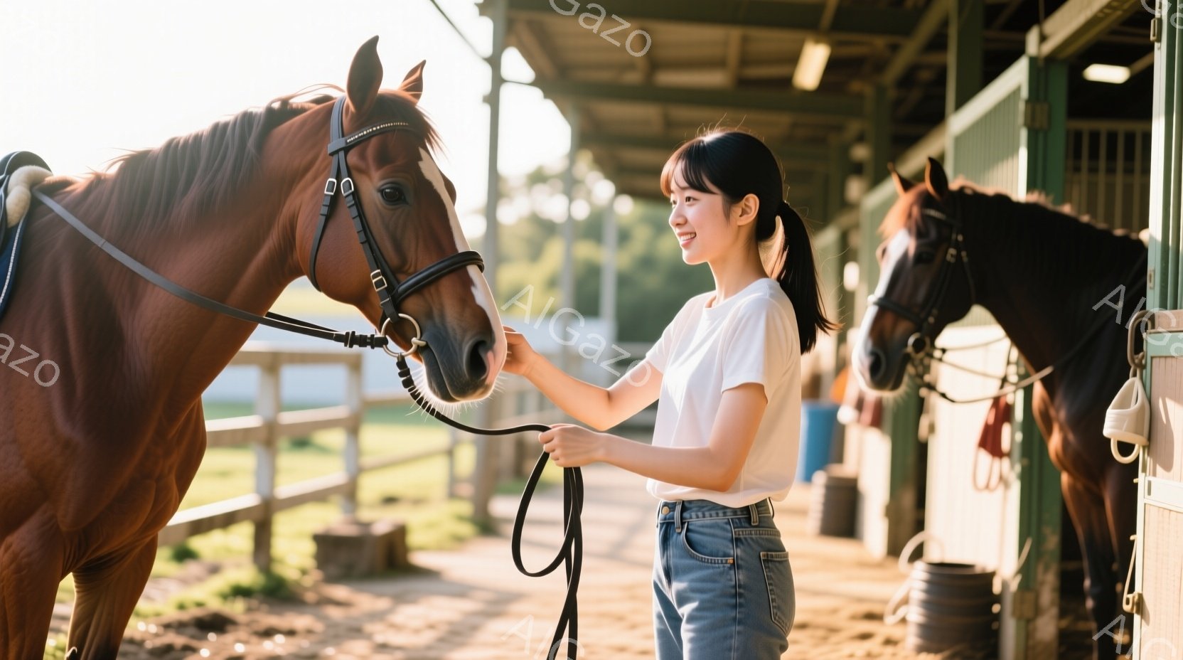 茶色の馬と黒い馬の間に立つ若い女性が写っています。彼女は白いTシャツとデニムパンツを着ており、髪をポニーテールにしています。笑顔で馬の鼻に優しく触れており、背景には木製の馬小屋と緑の草原が見え、晴れた日の穏やかな雰囲気が伝わってきます。