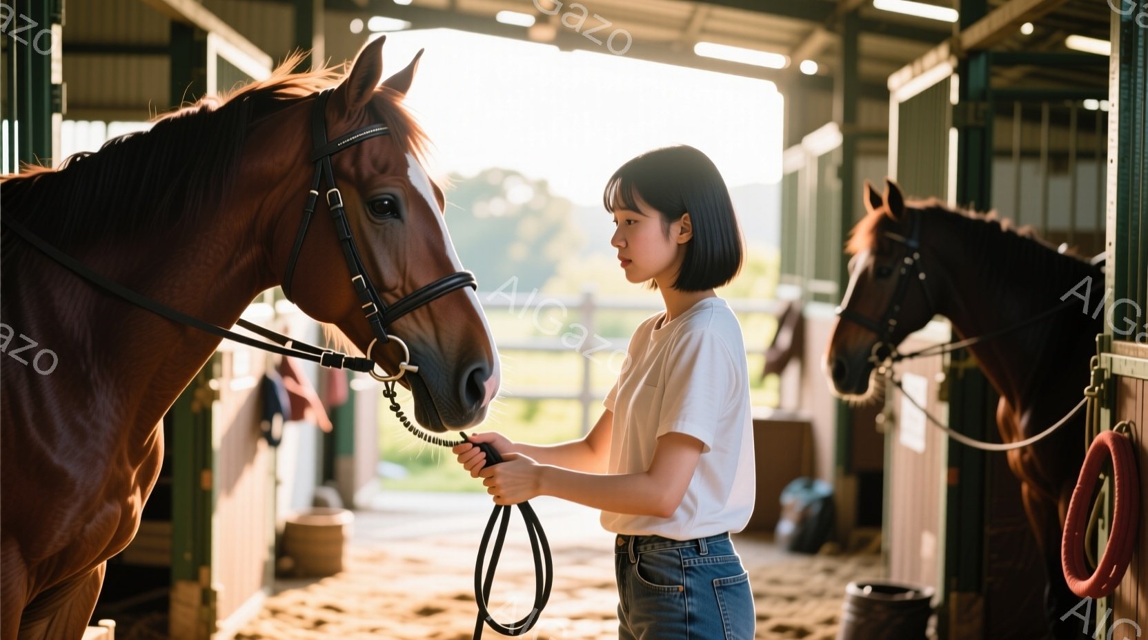 茶色の馬の隣に立つ若い女性が写っています。彼女は白いTシャツとジーンズを着用し、短くダークな髪をしています。彼女は馬のリードを握り、穏やかな表情で、馬と親密なコミュニケーションを取っているようです。 - AI生成フリー素材