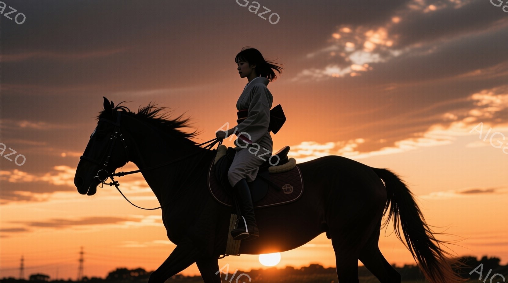 夕焼けを背景に、女性が黒い馬に乗っている姿が描かれている。女性は白っぽい着物を着用し、髪を後ろで一つに結んでいる。馬は草原を走り、そのシルエットが夕焼けに照らされている様子は、静かで力強い雰囲気を醸し出している。