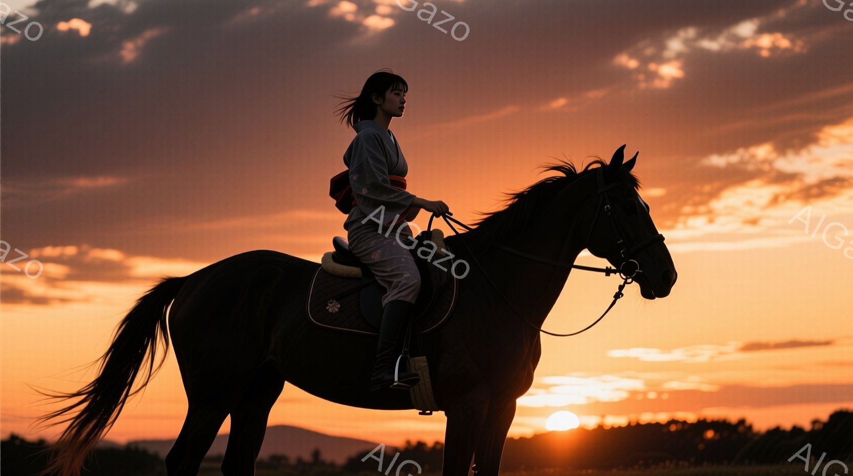 夕焼けを背景に、黒い馬に乗った女性が描かれている。女性は着物を着ており、髪を後ろで結んでいる。馬は草原を走り、強いシルエットを描き、周囲の風景と調和している。