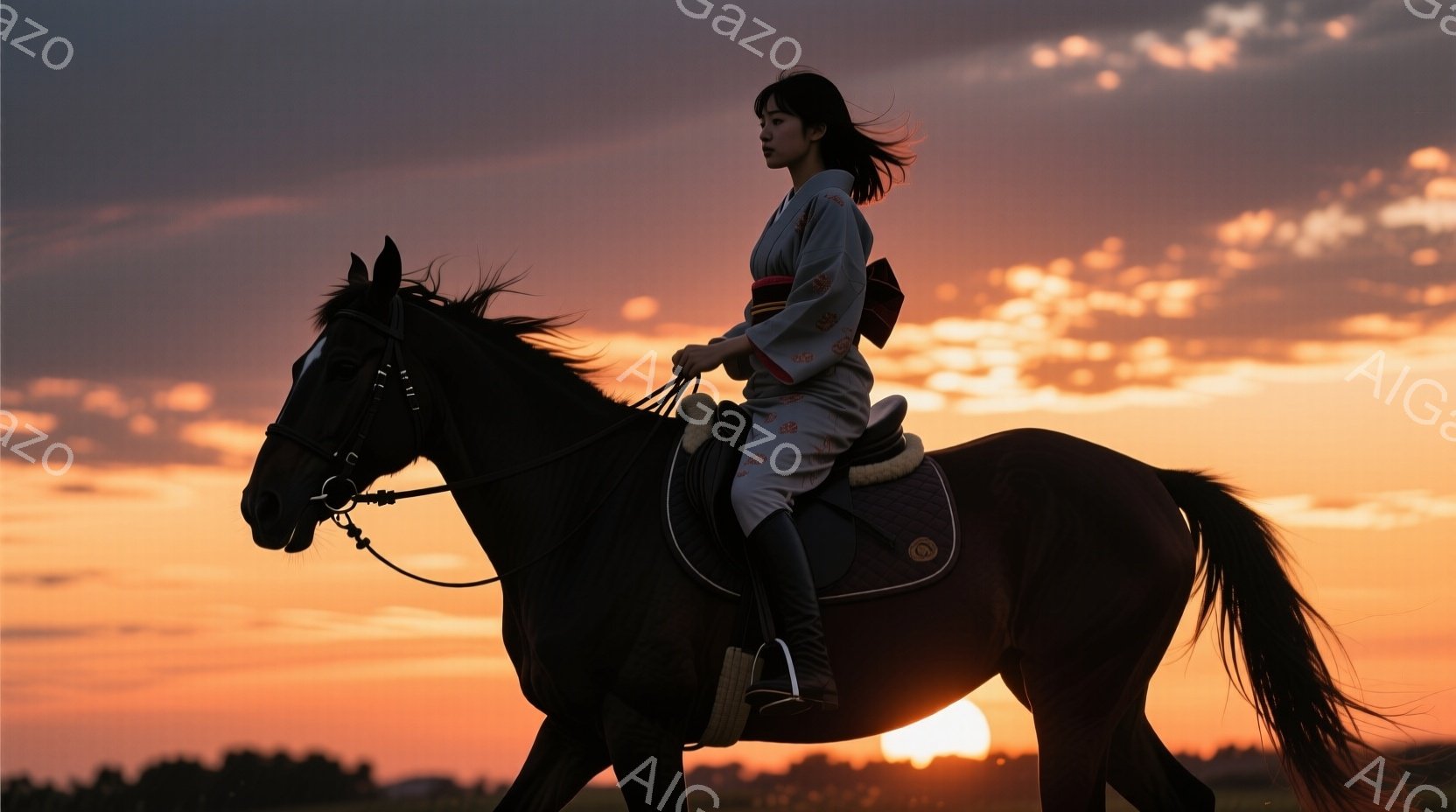 黒い馬に乗った女性が描かれている。彼女は着物のような伝統的な衣装を身につけ、髪を後ろで束ねている。背景は夕焼けに染まった空と草原で、馬と女性はシルエットのように見え、穏やかで神秘的な雰囲気を醸し出して - AI生成フリー素材