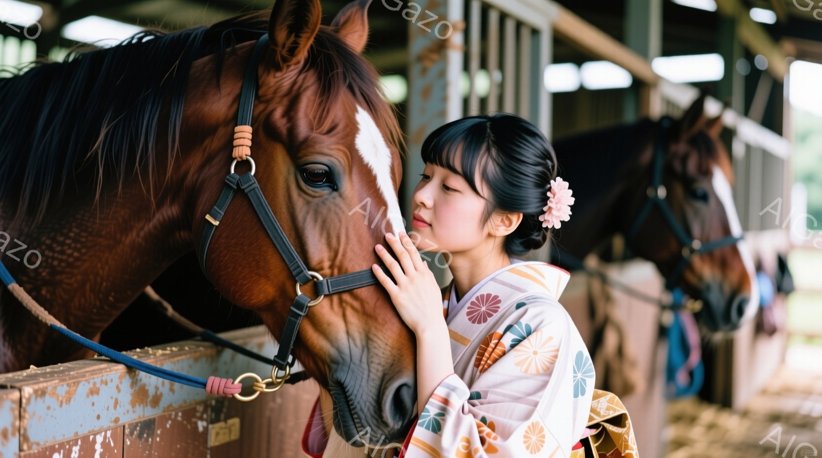 若い女性が、茶色の馬の鼻面に頬を寄せ、優しく触れ合っている。彼女はクリーム色の地に花柄が描かれた着物を着ており、髪は後ろでまとめられ、ピンク色の花飾りをつけている。背景には馬房のような建物が見え、馬たちは木製の柵に繋がれており、穏やかで温かい雰囲気が漂っている。