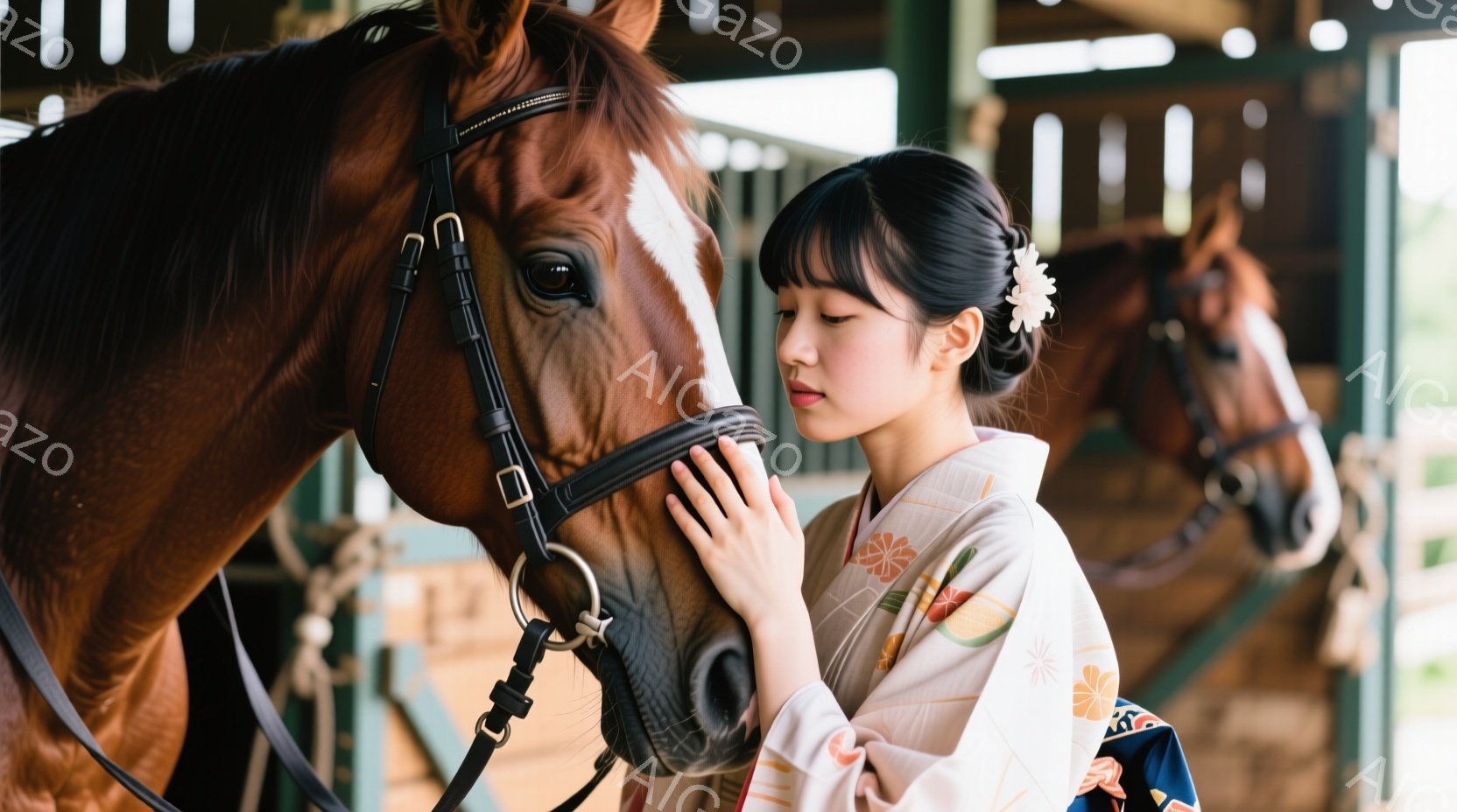 白い背景に茶色の馬がおり、その隣に和装の女性が立っています。女性はクリーム色の着物に薄いピンクとオレンジの花柄が描かれており、黒髪をまとめ、髪飾りをつけています。彼女は目を閉じ、穏やかな表情で馬の鼻に - AI生成フリー素材