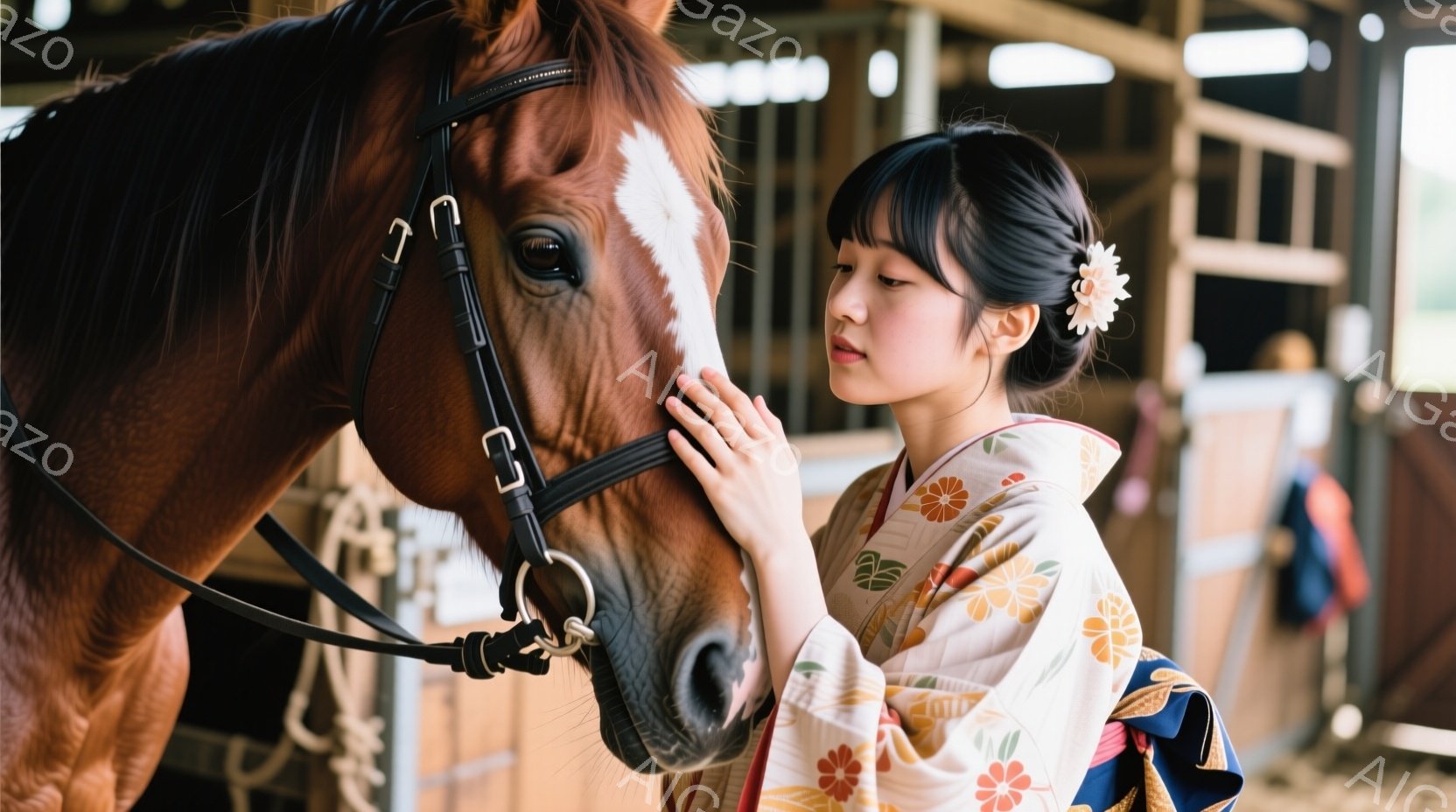 鮮やかな着物を着た若い女性が、茶色の馬の顔に優しく触れています。彼女は髪を後ろでまとめ、顔には穏やかな表情を浮かべています。背景には木製の柱が並ぶ厩舎があり、馬と女性の優しい触れ合いが印象的な、穏やかで温かい雰囲気の画像です。