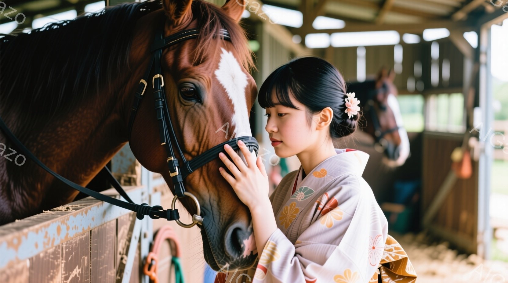 若い女性が馬の鼻に優しく触れている写真です。彼女はクリーム色とオレンジ色の花柄の着物を着ており、髪は後ろでまとめ、髪飾りをつけています。背景には馬小屋のような建物があり、他の馬も見え、穏やかで優しい雰 - AI生成フリー素材