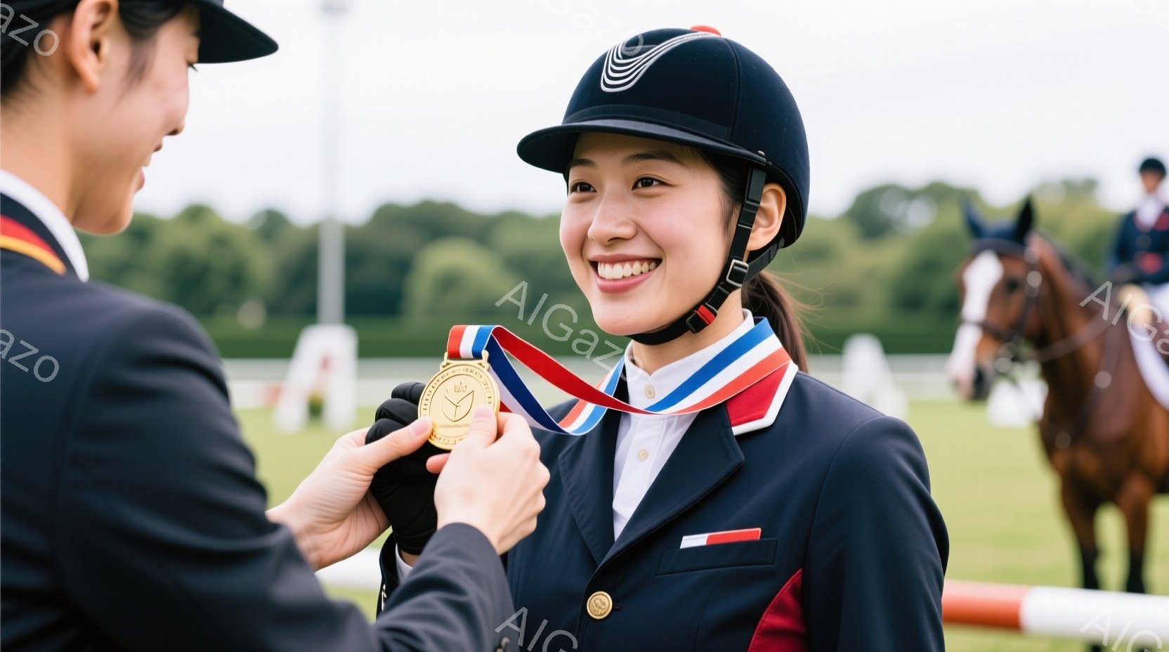 馬術競技の表彰式と思われる場面が写っています。若い女性は黒いジャケット、白いシャツ、赤いライン入りの襟が特徴的な競技用の服装で、満面の笑みを浮かべています。背景には緑豊かな自然と馬術コースの一部が見え、晴れた日の競技の喜びが伝わってきます。