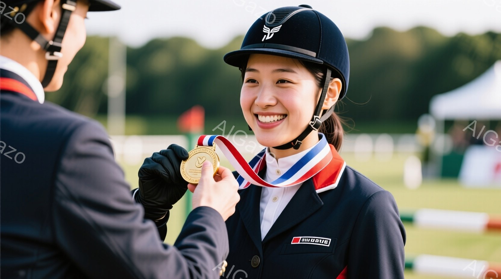 馬術競技会の表彰式の一場面です。若い女性競技者は、紺色のジャケット、白いシャツ、そして赤いリボンを身につけ、満面の笑みを浮かべて金メダルを受け取っています。背景には緑豊かな木々が広がり、晴天の下、華やかな雰囲気が漂っています。
