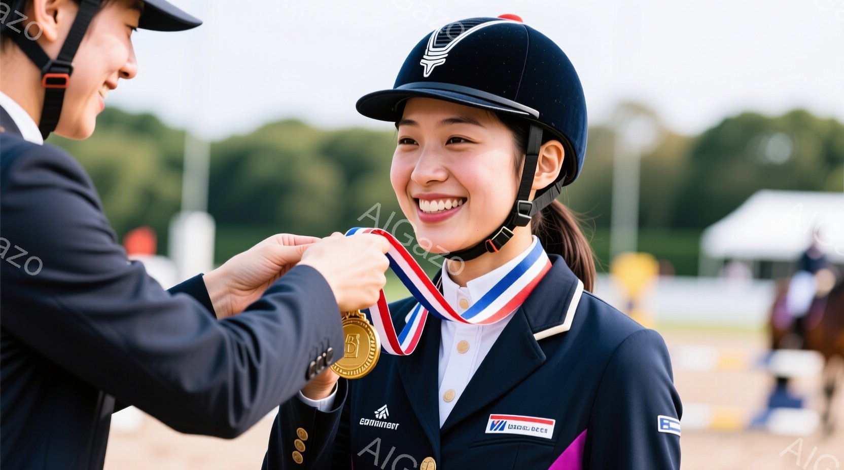 黒い乗馬ヘルメットを被った若い女性が、金色のメダルを受け取ろうとしています。彼女は紺色のジャケットに白いシャツを着ており、満面の笑顔を浮かべています。背景には緑豊かな自然と、他の競技者や馬が見え、晴れ - AI生成フリー素材