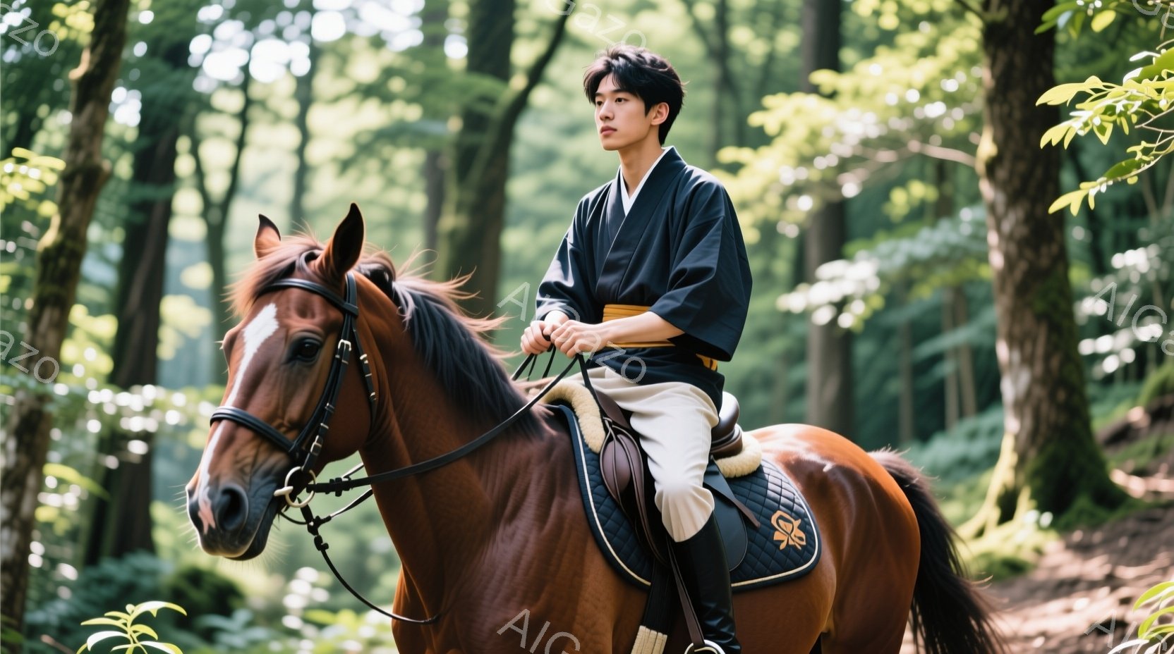 若い男性が茶色の馬にまたがっており、黒い羽織と白い着物姿で、黒い紐で締めています。彼は少し前かがみの姿勢で、リラックスした表情をしています。背景は緑豊かな森林で、光が差し込み、静かで穏やかな雰囲気を醸 - AI生成フリー素材