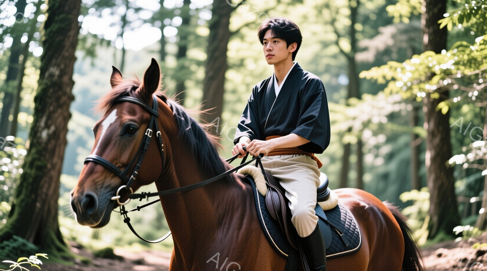 若い男性が茶色の馬に乗っている姿が描かれている。彼は白いズボンに黒い上着を羽織り、黒いブーツを履いている。背景は緑豊かな森で、木々の間から光が差し込み、穏やかで自然な雰囲気を醸し出している。