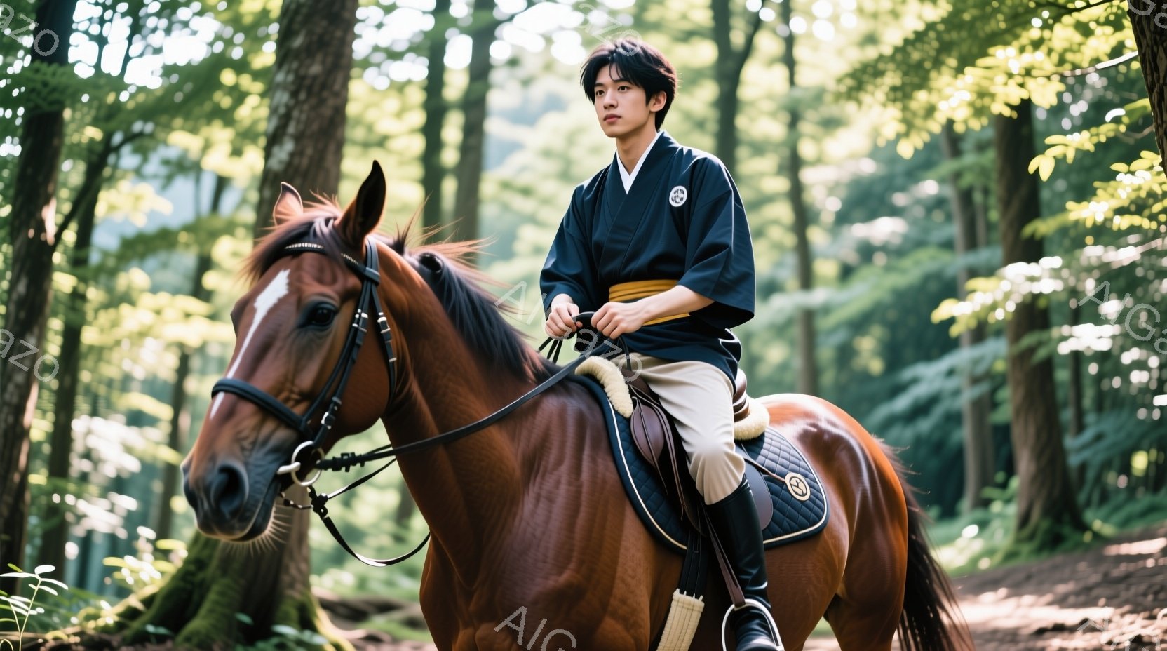 若い男性が茶色の馬に騎乗している様子が写っている。彼は黒い着物のような上着にベージュ色のズボンを着用し、足元は黒いブーツで、髪は短く整えられている。背景は緑豊かな森林で、木々の間から光が差し込み、穏や - AI生成フリー素材