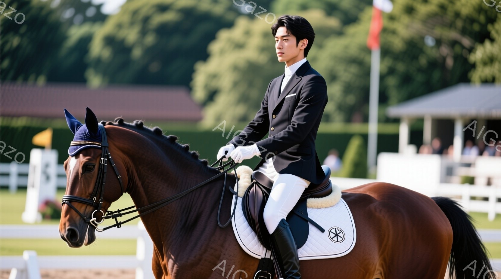 深い栗色の馬に乗った男性は、黒のジャケットと白いシャツ、白いズボンという正装を身につけている。彼はまっすぐな姿勢で、手綱を握り、集中した表情で馬を操っている。背景には白いフェンスや建物が見え、晴天の下、競技会のようなフォーマルな雰囲気が漂っている。