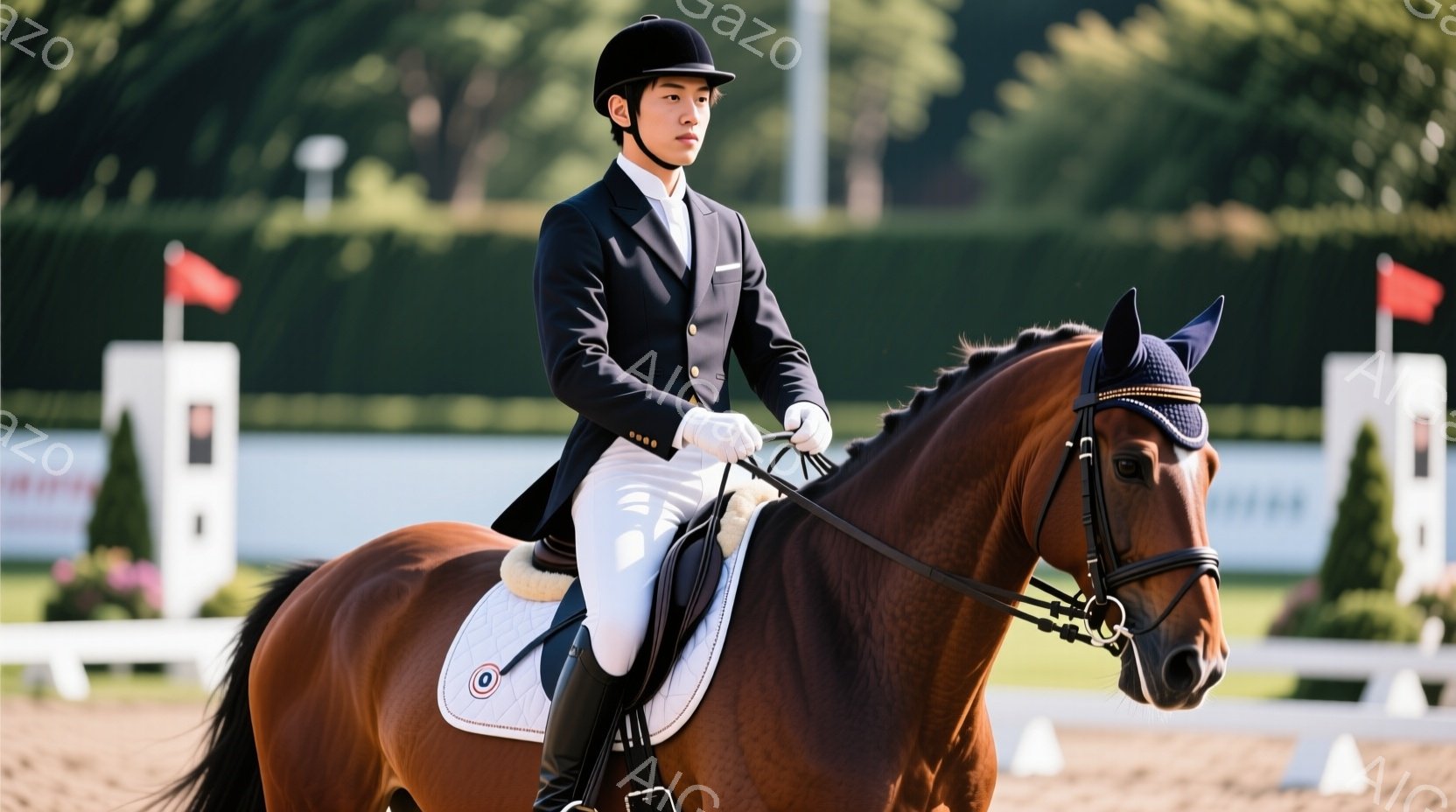 茶色の馬に乗った男性が写っている。彼は黒いジャケット、白いズボン、黒いヘルメットを着用し、競技用の服装をしている。背景には障害物と観客席が見え、晴れた日の屋外競技の様子が伺える。 - AI生成フリー素材
