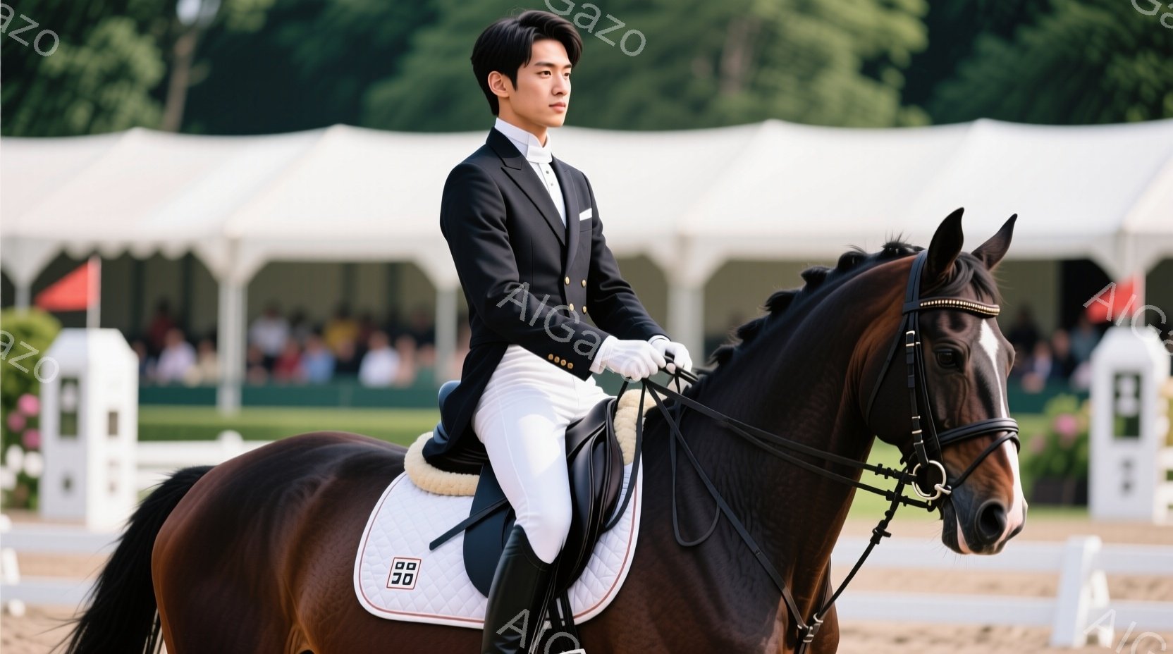 黒い馬に乗った男性が描かれている。彼は白いズボンと黒いジャケットを着用し、白いシャツと黒いネクタイ、白い手袋を合わせている。背景には、白いテントが並び、晴れた日の競技会の雰囲気を感じさせる。 - AI生成フリー素材