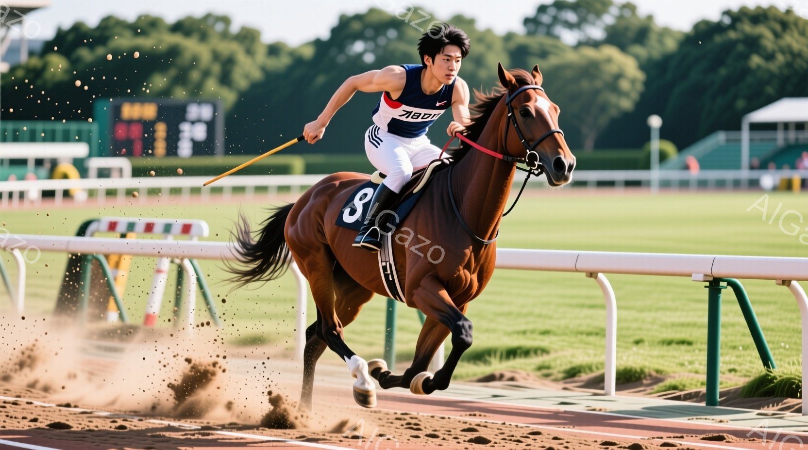 栗色の馬が競馬場で疾走している様子が捉えられています。騎手は黒と白のユニフォームを着用し、集中した表情で前を見据え、馬に鞭を振るっています。背景には緑の芝生と観客席が見え、晴天の下で活気のある競馬の雰囲気が伝わってきます。