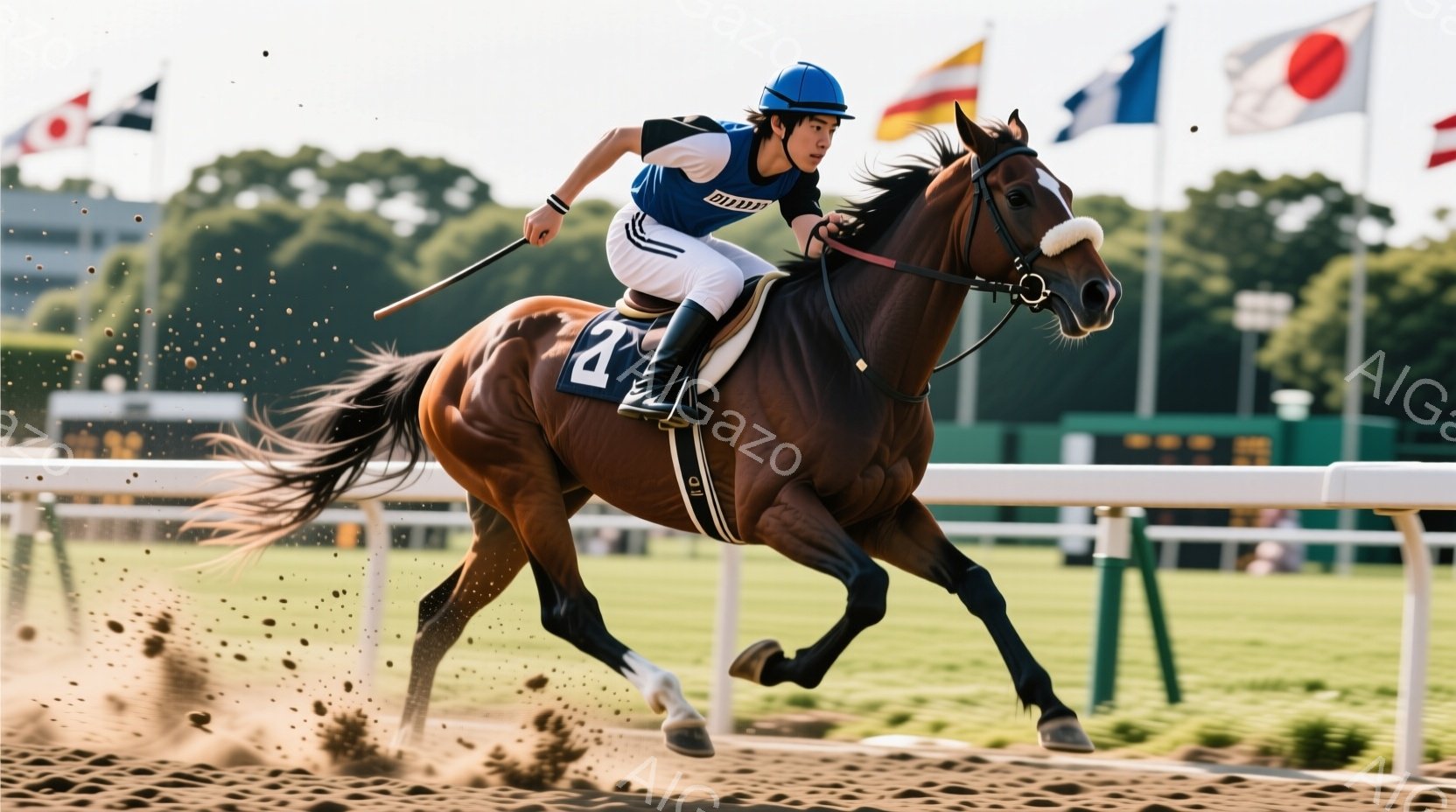 栗色の馬が疾走しており、騎手は青と黒のストライプのユニフォーム、白いヘルメットを着用し、集中した表情で手綱を引いている。馬の周りには土埃が舞い上がり、競馬場のトラックと緑のフェンス、背景にはぼやけた木々が見える。晴天で活気に満ちた雰囲気であり、競技の激しさとスピード感を捉えた一枚である。