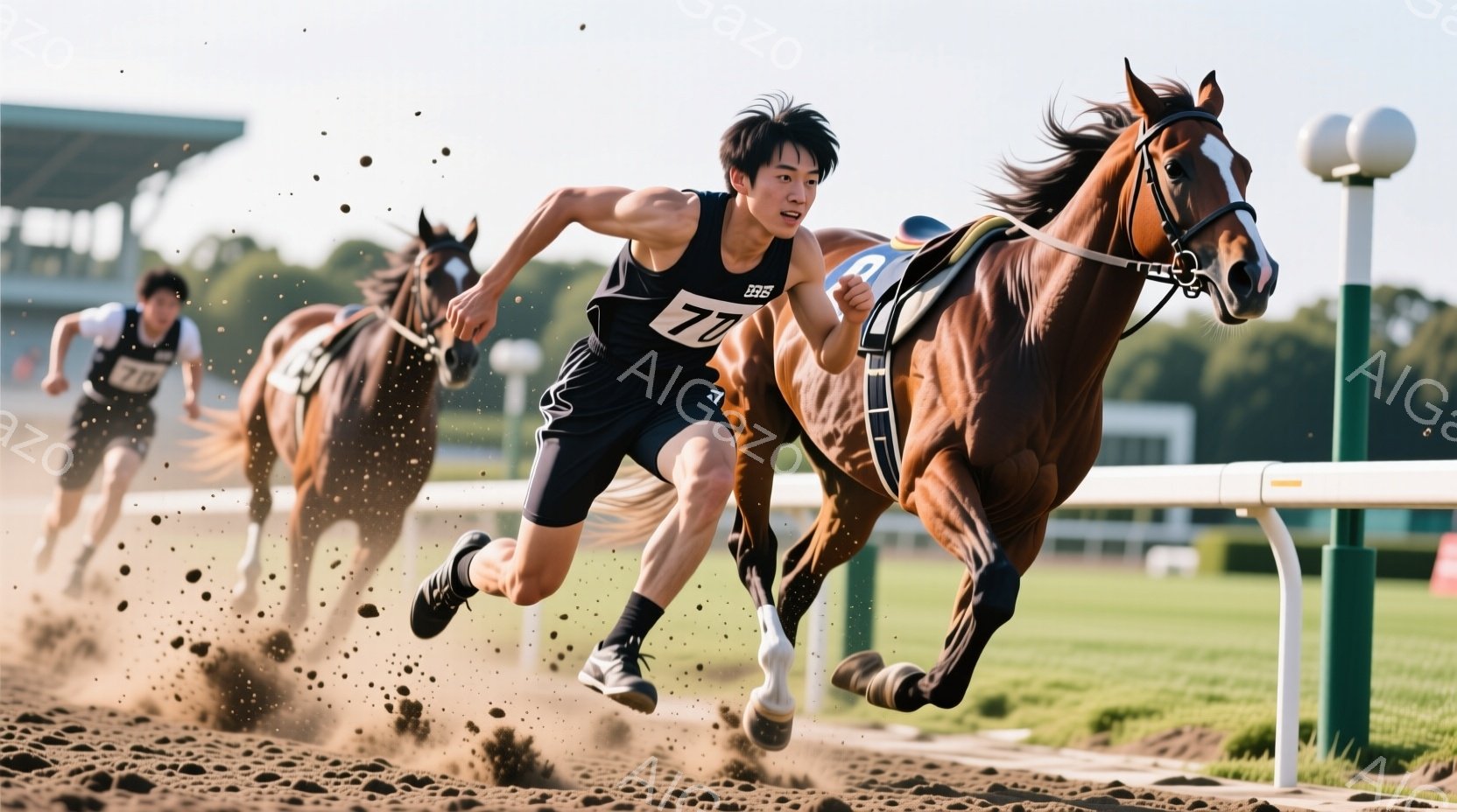 競技場を疾走する馬と、それに並走する若い男性が写っている。男性は黒いタンクトップと短パン姿で、髪は短く整えられ、真剣な表情で前を見据えている。背景には緑豊かな芝生と、遠くに見える建物があり、晴れた空の - AI生成フリー素材