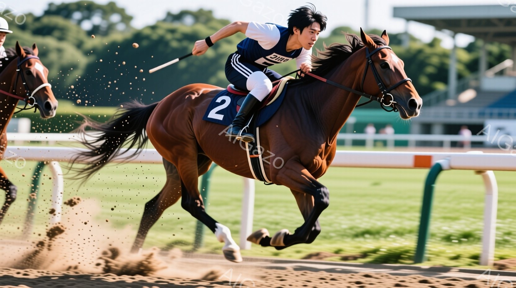 若い騎手は、茶色の馬にまたがり、疾走している。彼は白いシャツに青いライン、そして同じ色のズボンとブーツを着用しており、集中した表情で馬を操っている。背景には緑豊かな芝生と、遠くに建物が見え、晴天の下、力強いレースの雰囲気が漂っている。