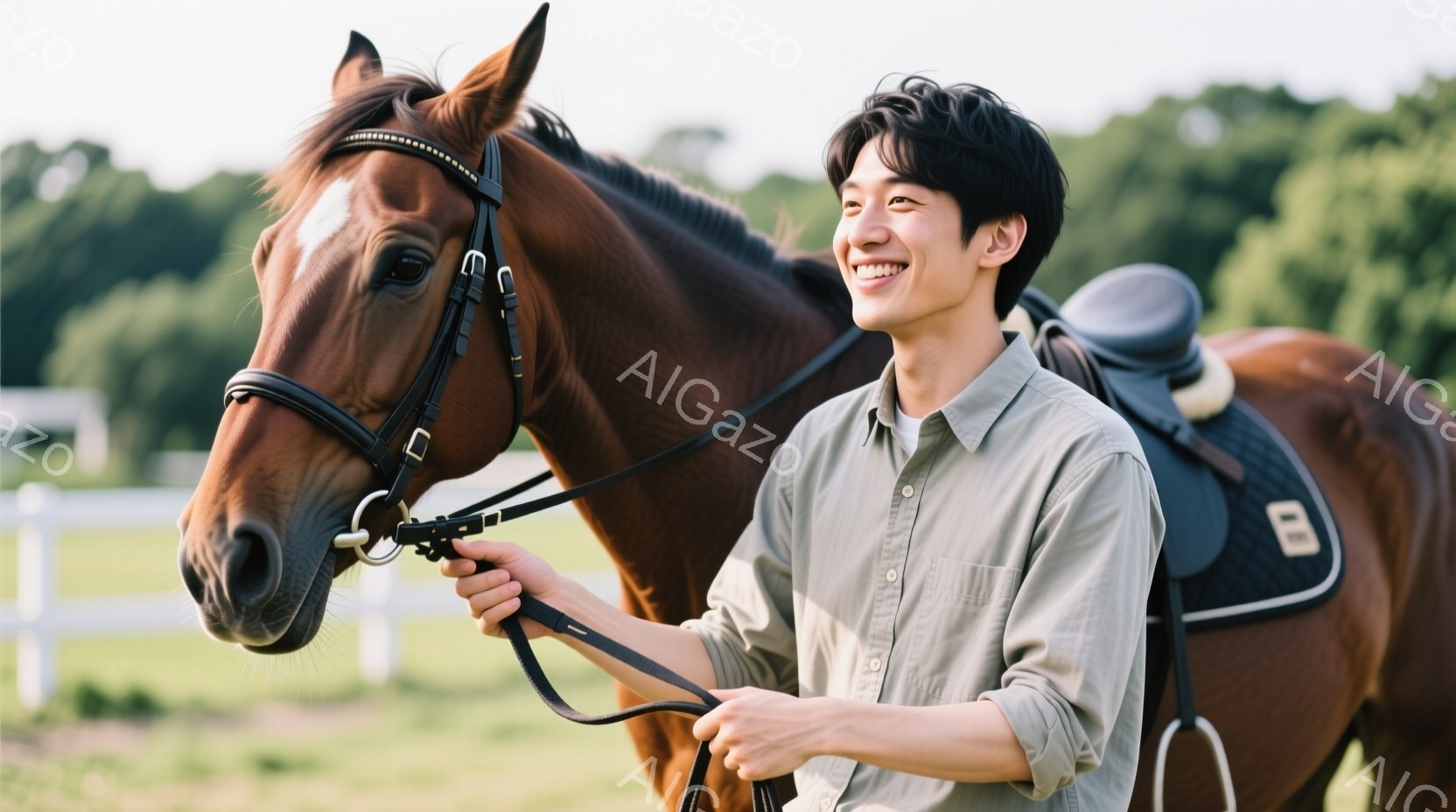 若い男性が茶色の馬の隣に立っており、穏やかな笑顔を浮かべている。彼はベージュ色のシャツを着ており、ダークブラウンの髪は少し無造作に整えられている。背景には緑の牧草地と白いフェンスが見え、晴れた日の穏や - AI生成フリー素材