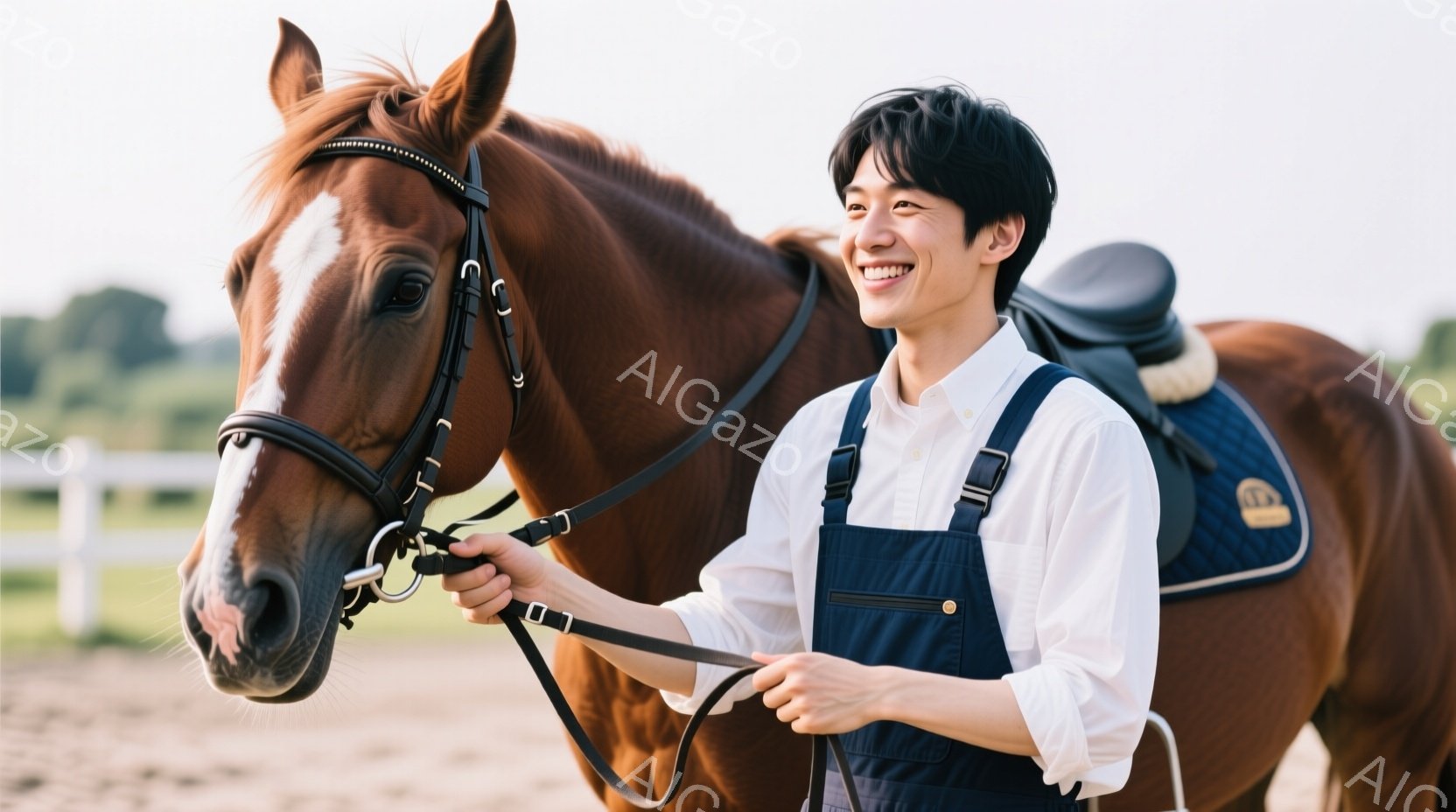 赤毛の馬が左側に大きく写っており、若い男性が右側に立っています。男性は白いシャツにデニムのオーバーオール姿で、笑顔を浮かべています。背景には白いフェンスと緑豊かな自然が広がり、晴れた日の穏やかな雰囲気 - AI生成フリー素材