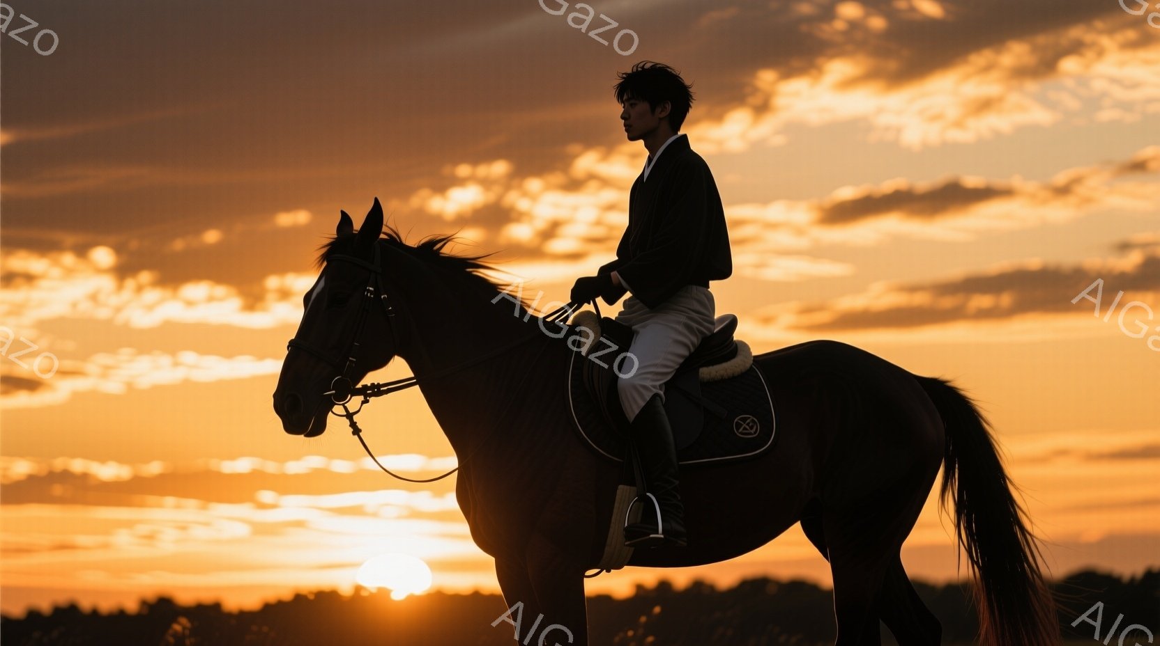 夕焼けを背景に、黒い馬に乗った男性が描かれている。彼は乗馬服、白いズボン、ブーツを着用し、黒髪を短く整えている。馬とライダーはシルエットとして捉えられており、穏やかで力強い雰囲気を醸し出している。 - AI生成フリー素材