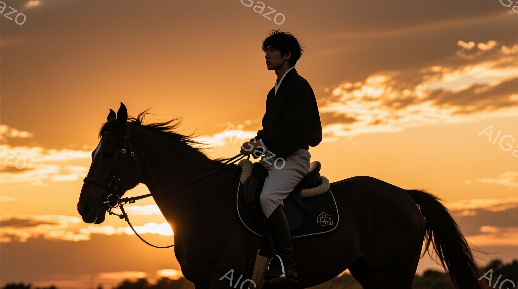 濃い夕焼けを背景に、黒い馬に乗った男性がシルエットで描かれています。彼は乗馬服とブーツを着用し、髪は短く整えられています。馬は力強く前進し、男性は落ち着いた姿勢で手綱を握り、夕焼けに照らされた馬との一体感が美しいです。