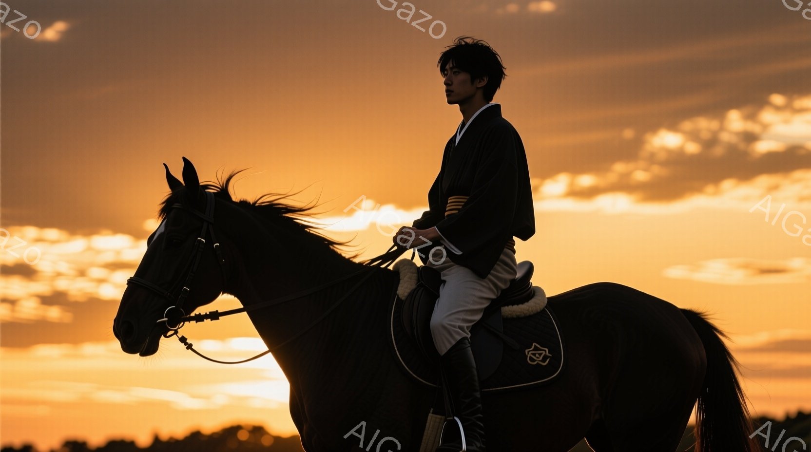 黒い馬に乗った男性が夕焼けを背景にシルエットで描かれています。男性は白いズボンと黒いジャケットを着用し、髪は短く整えられています。背景はオレンジと黄色のグラデーションで、穏やかで壮大な雰囲気を醸し出し - AI生成フリー素材