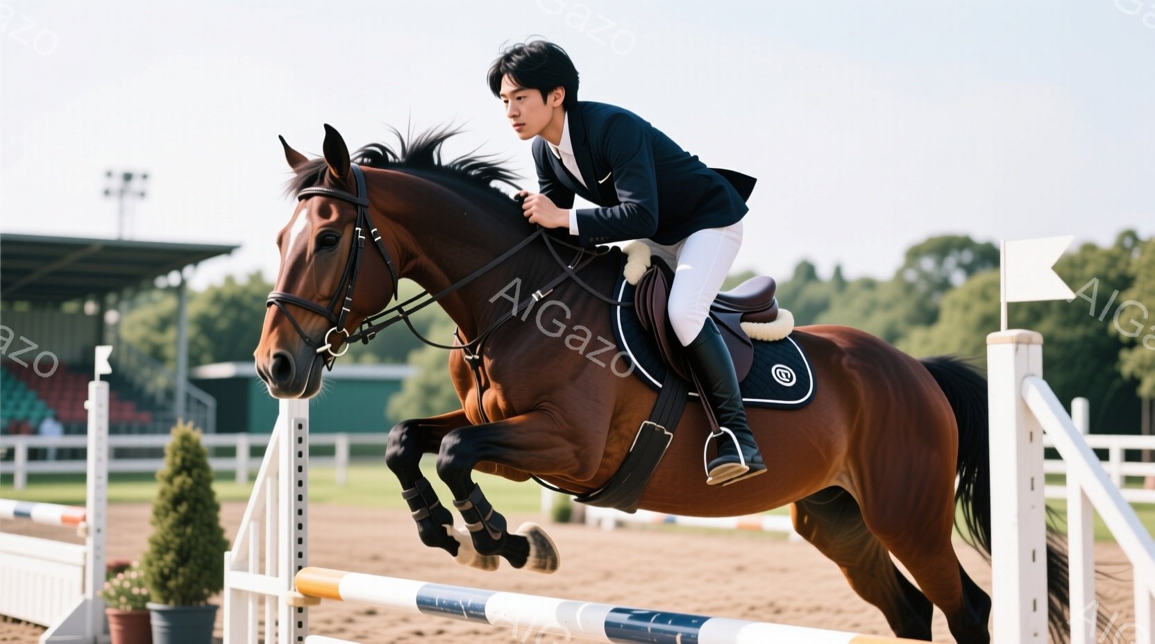 深い栗色の馬が障害物を飛び越え、競技者がそれに乗っている様子が写っている。競技者は濃い紺色のジャケット、白いズボン、黒いブーツを着用し、黒髪をきっちりと整えている。背景には白いフェンス、緑の木々、そして晴れた空が見え、競技場の雰囲気を醸し出している。