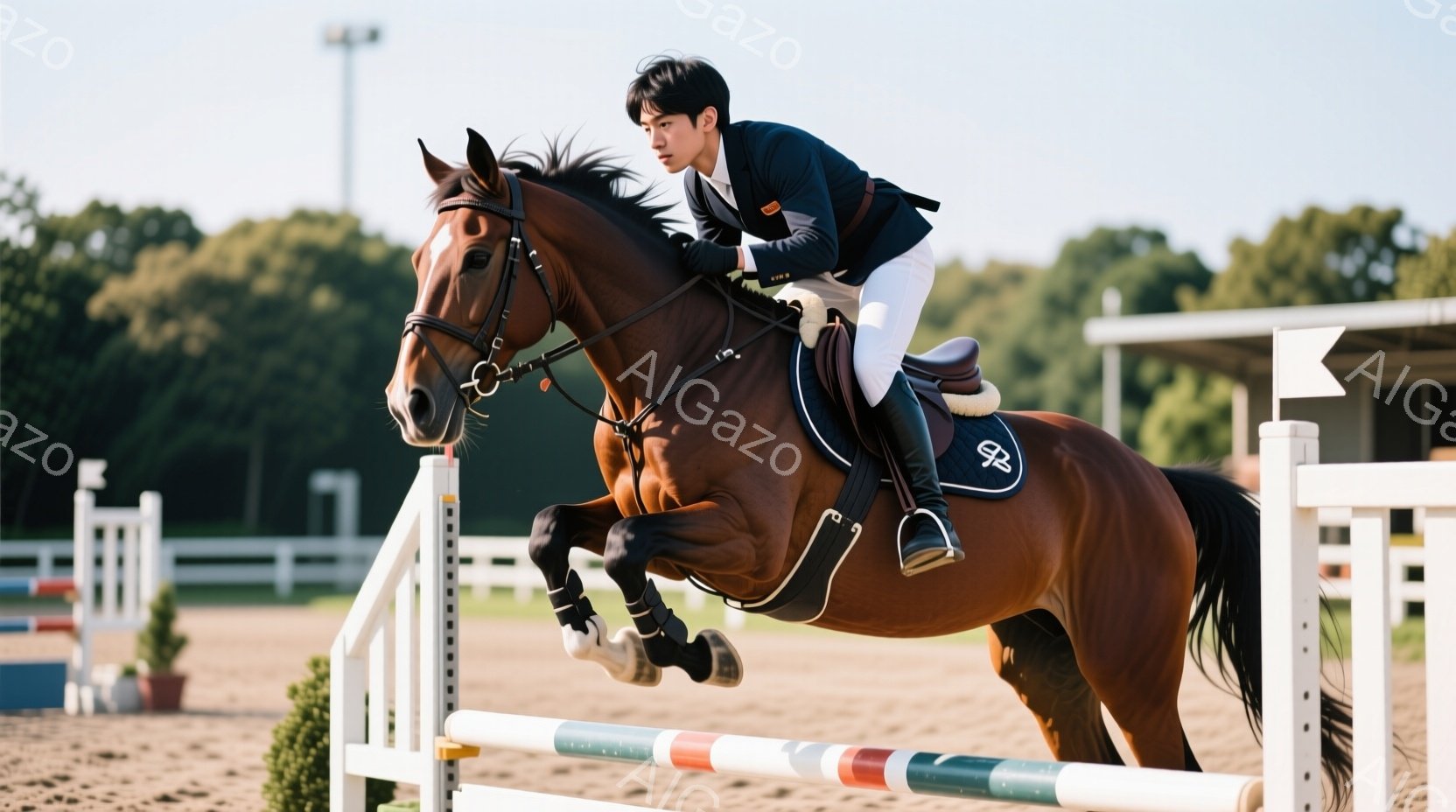 栗色の馬が障害を飛び越える瞬間を捉えた写真です。ライダーは濃い青色のジャケットと白いズボンを着用し、黒髪を短く整え、集中した表情で馬を操っています。背景には、緑豊かな自然と競馬場の建物が見え、晴天の下、活気ある競技の雰囲気が漂っています。