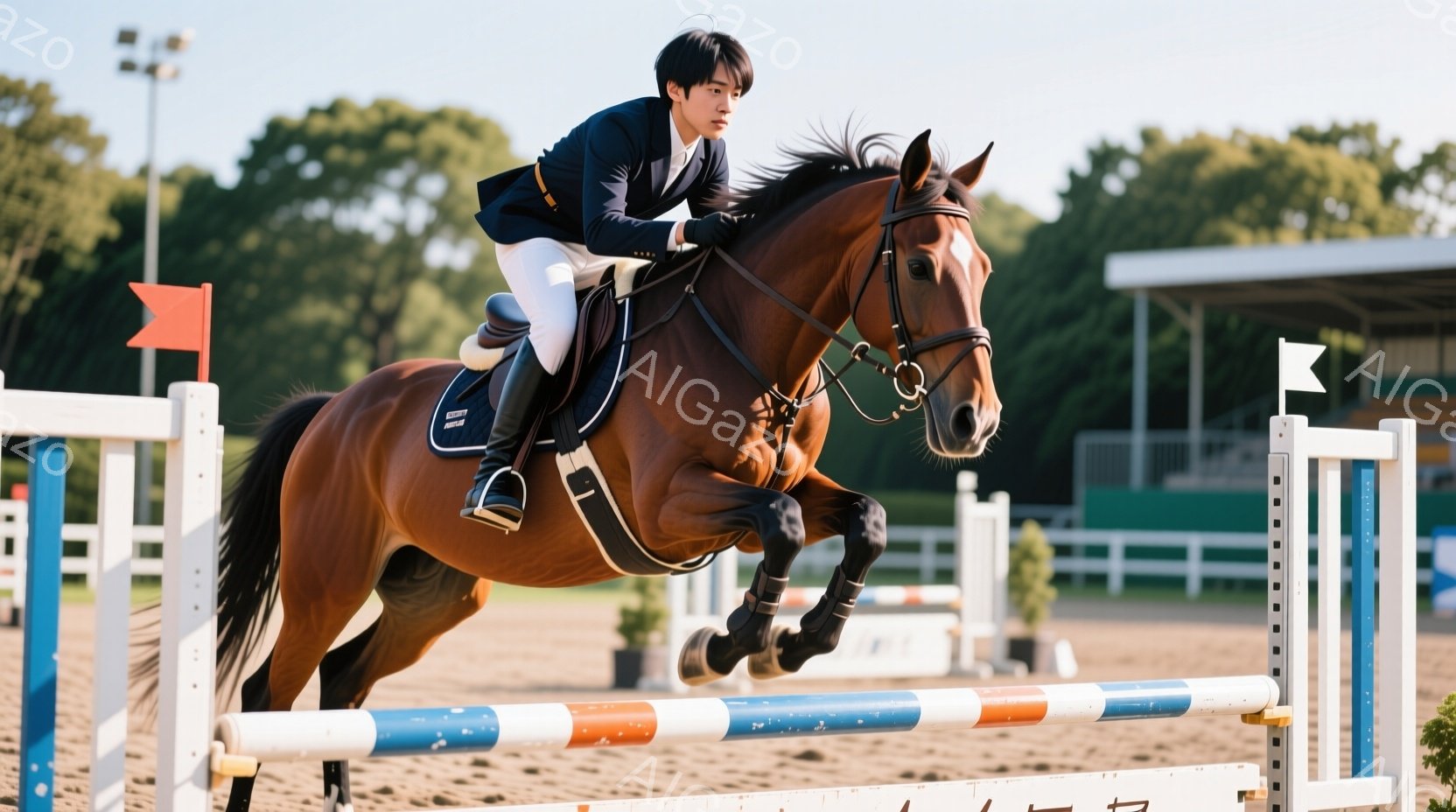 茶色の馬に乗った若い男性が障害を飛び越えています。彼は紺色のジャケット、白いズボン、黒いヘルメットを着用しており、髪は短く整えられています。背景には観客席や木々が見え、晴れた日の屋外の競技場であることがわかります。