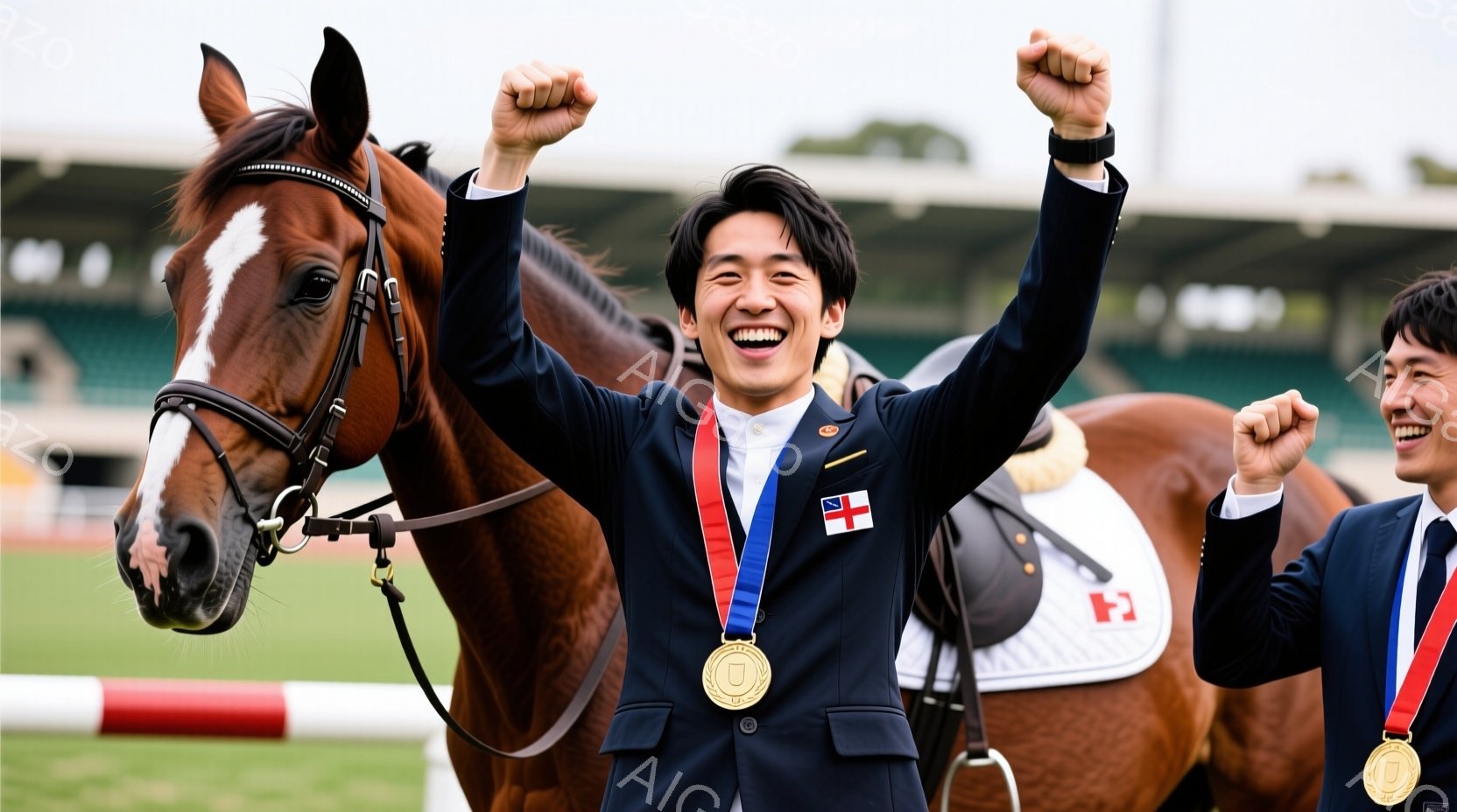 茶色の馬と、メダルをかけて勝利を祝う2人の男性が写っています。左側の男性は黒髪で、ジャケットと白いシャツを着て、両手を高く上げて満面の笑みを浮かべています。背景には緑の芝生と、ぼやけた建物が見え、晴天 - AI生成フリー素材