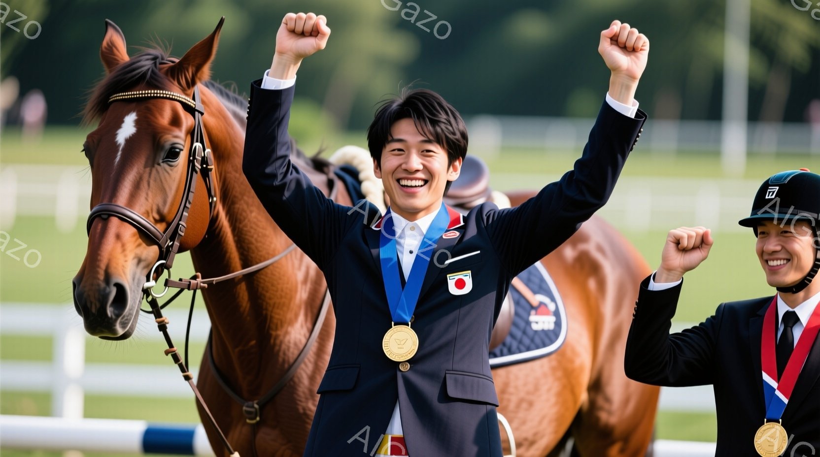 茶色の馬に乗った競技者が、両手を上げて喜びを表現しています。競技者は紺色のジャケットに赤いシャツ、金色のメダルを首にかけており、満面の笑みを浮かべています。背景には緑豊かな自然と競技場の一部が見え、晴天の下、勝利の瞬間を捉えた様子です。