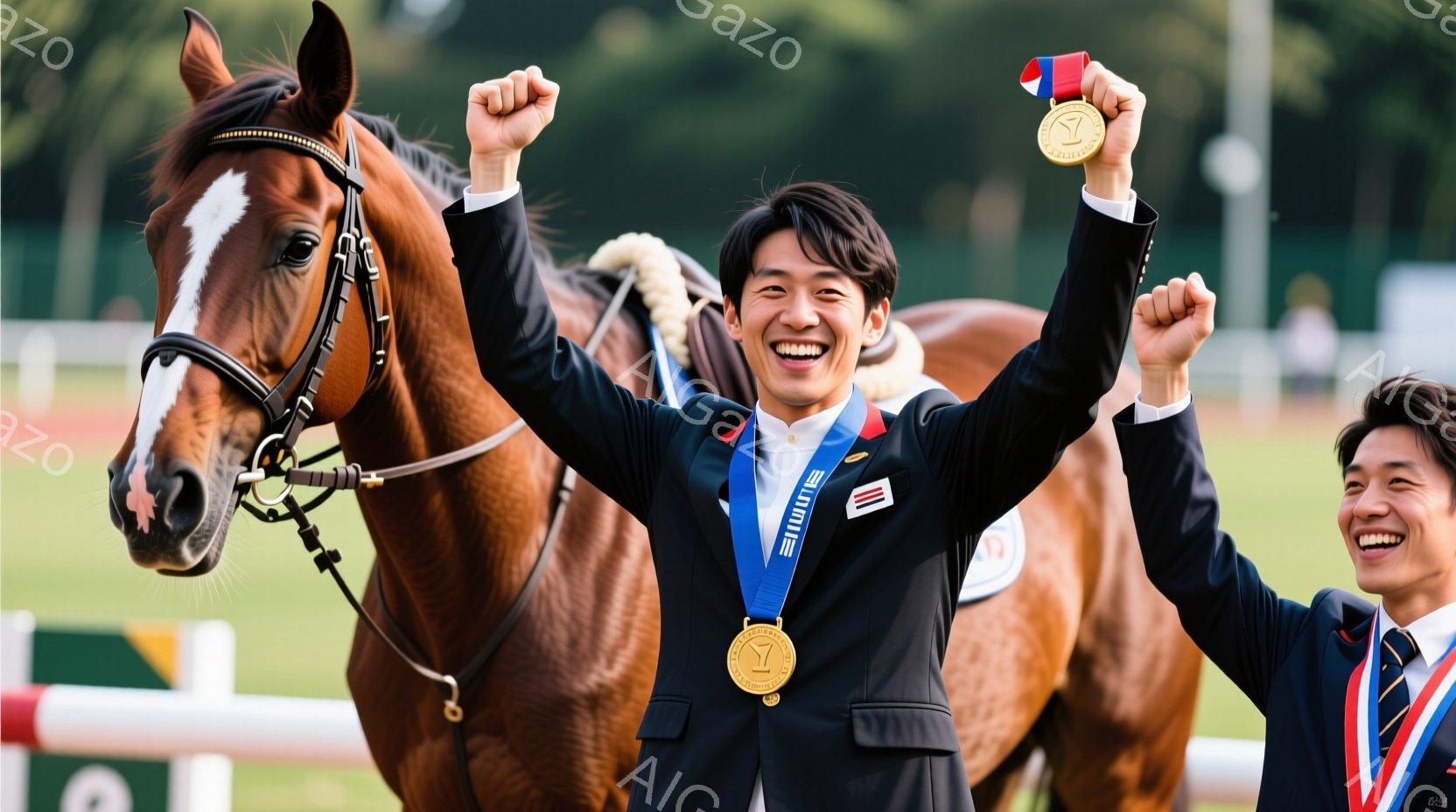 馬術競技で勝利したと思われる若い男性が、茶色の馬に乗って喜んでいる様子を捉えています。男性は紺色のジャケットと白いシャツを着ており、首にはメダルがかけられています。背景には緑豊かな自然と競技場の柵が見え、晴天の下、勝利の喜びと達成感が伝わってきます。