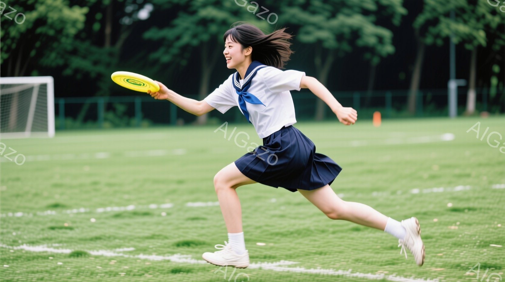 制服を着た女子学生が、緑色のフリスビーを投げようとしている瞬間を捉えた写真です。彼女は紺色のスカートと白いブラウス、リボンで、髪を後ろでポニーテールにしています。背景には緑の芝生とサッカーゴール、そし - AI生成フリー素材