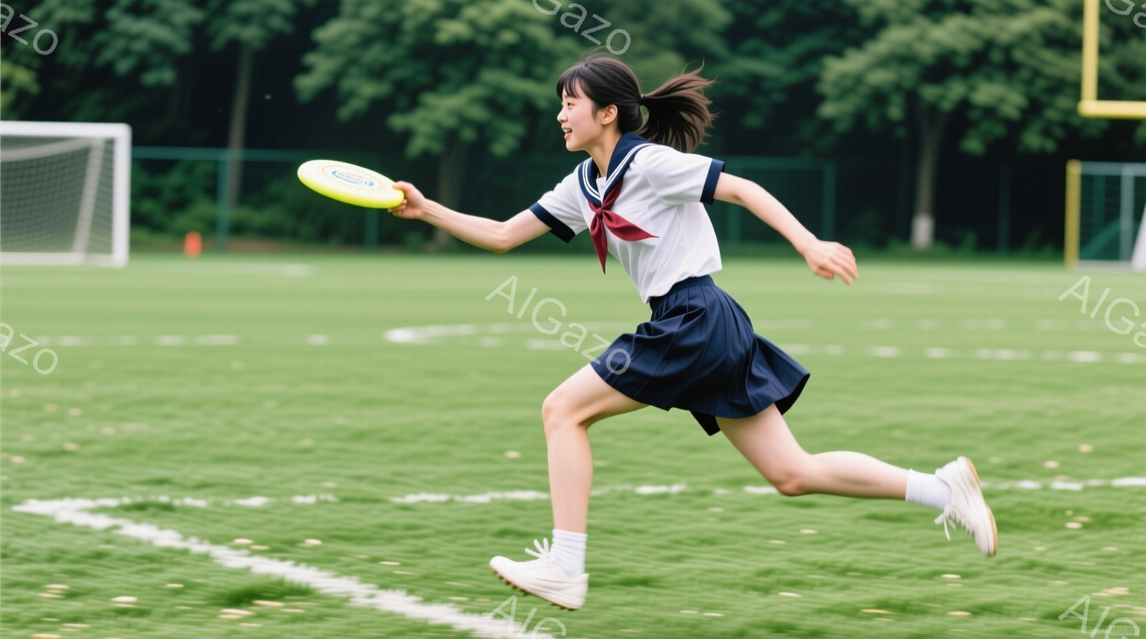 緑の芝生の上を、紺色のスカートと白いブラウスの制服を着た女子高生が元気に走り、フリスビーを投げている様子が写っている。彼女はポニーテールで、笑顔で前を見据えており、躍動感に満ちた姿だ。背景には緑豊かな - AI生成フリー素材