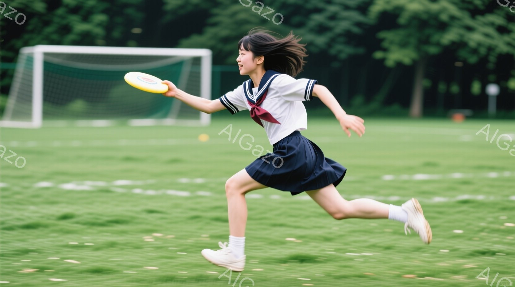 少女は緑の芝生の上を走り、空中にディスクを投げている。彼女は白いブラウスに濃い青色のプリーツスカート、そして白い靴下とスニーカーを履いている。背景にはサッカーゴールが見え、木々が生い茂っていることから - AI生成フリー素材