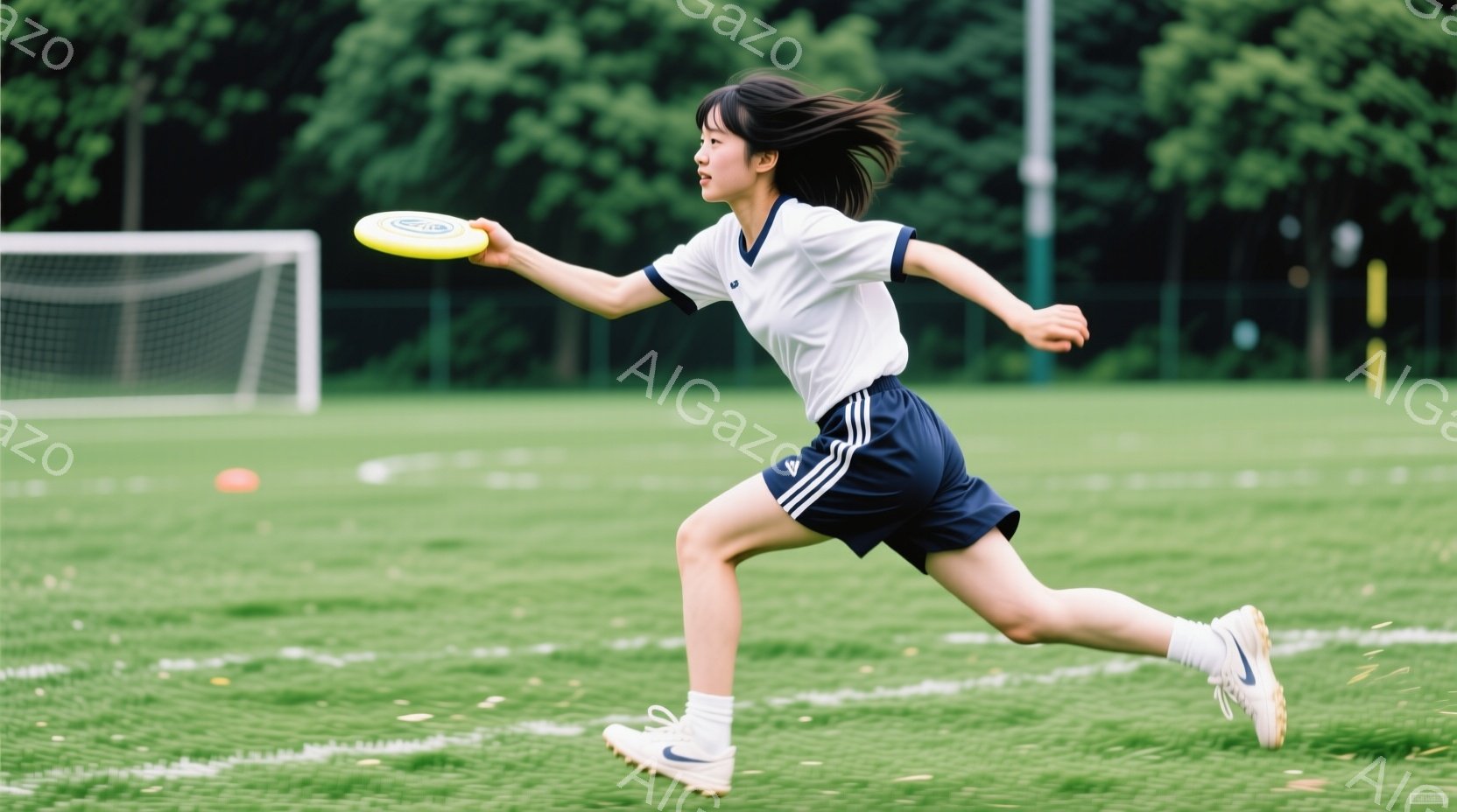 若い女性が緑の芝生の上を走り、フリスビーを投げているところを捉えた写真です。白と紺のストライプが入ったスポーツウェア姿で、髪は後ろでポニーテールにまとめられています。背景にはサッカーゴールが見え、晴れた日の屋外で運動を楽しんでいる様子が伺えます。