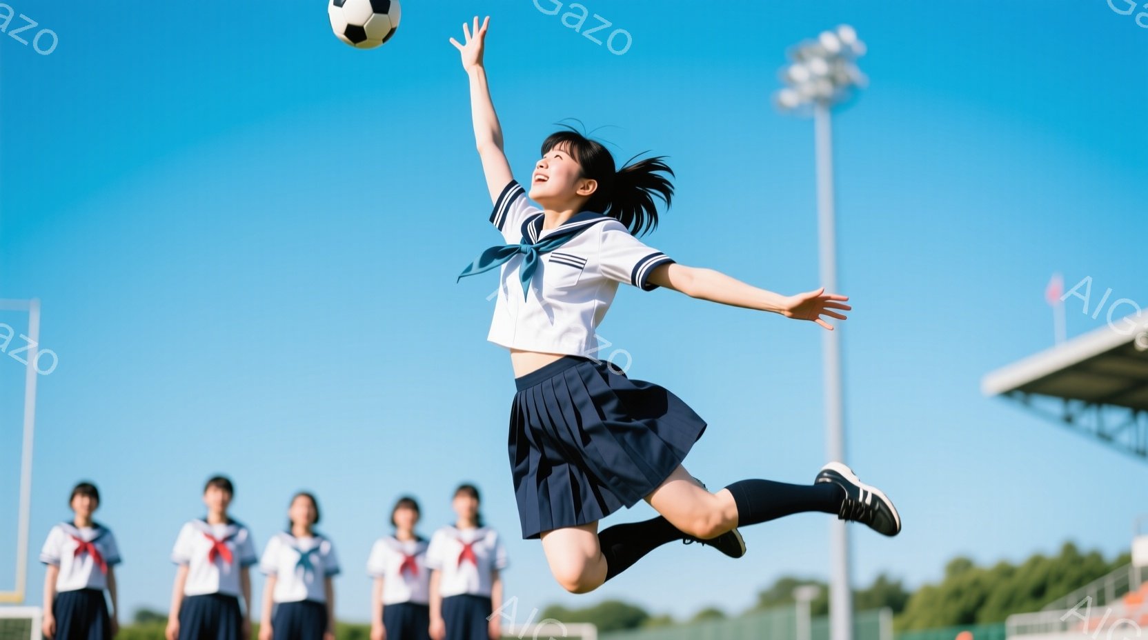 制服姿の女子高生が、サッカーボールを高く蹴り上げる瞬間を捉えた写真です。彼女は黒いスカートと白いブラウス、赤いリボンで髪を結い、空中で体を大きく広げています。背景には、緑の芝生、他の制服姿の女子生徒、 - AI生成フリー素材