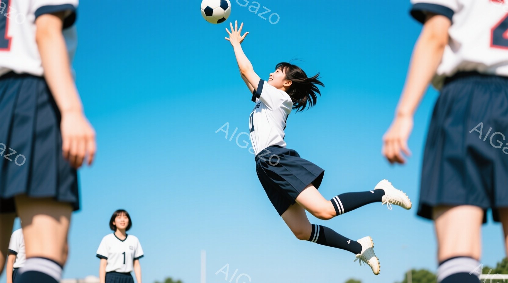 空中を舞う若い女性サッカー選手が写っています。彼女は白いユニフォームに紺色のスカート、ハイソックスを着用し、髪はポニーテールに結ばれています。背景には青空が広がり、他の選手たちの脚部が見えるサッカー場です。