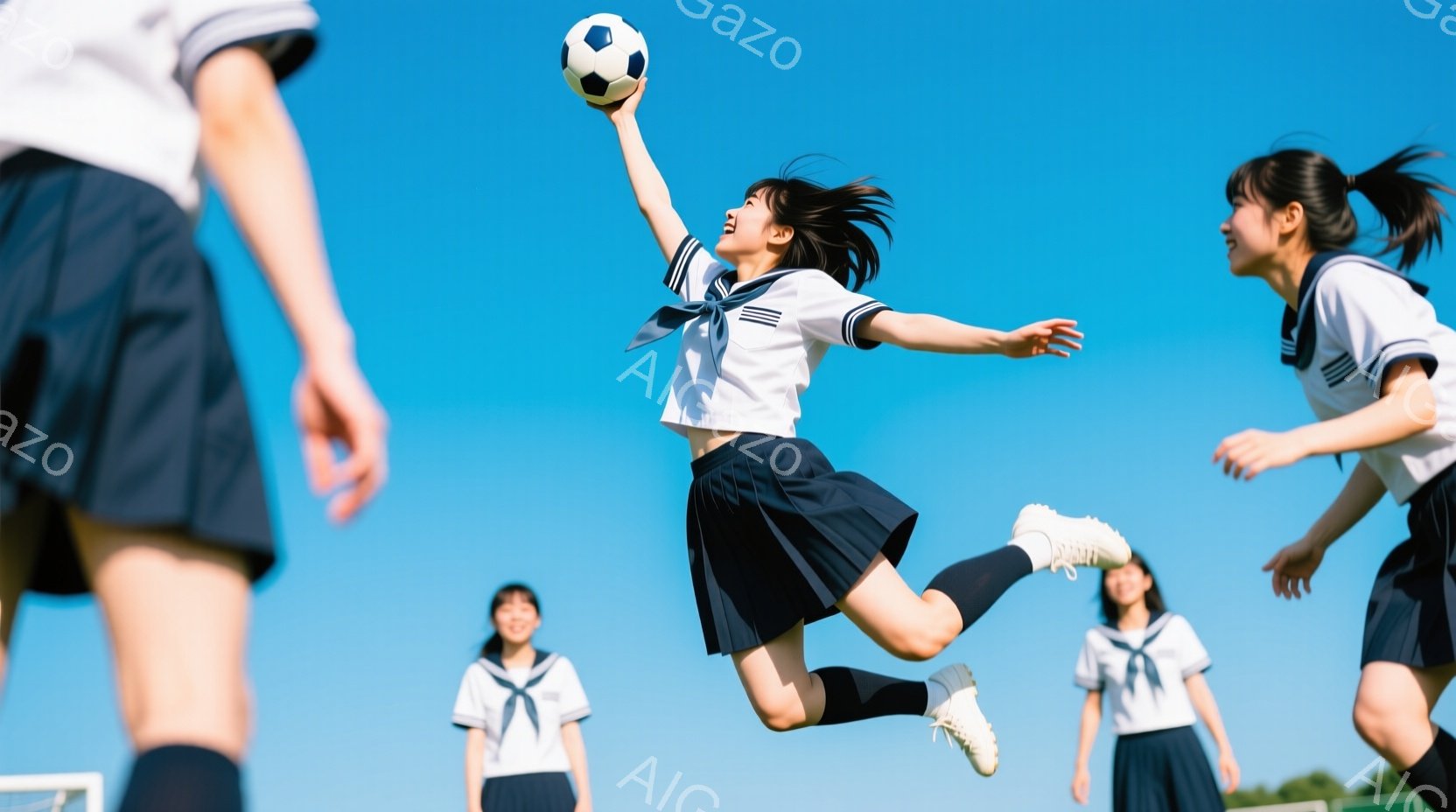 紺色のプリーツスカートと白のセーラー服を着た女子高生が、鮮やかな青空の下でサッカーボールを蹴り上げようとしています。彼女は髪をポニーテールにし、顔には力強い決意と興奮が表れています。背景には、緑の芝生とぼやけた他の選手、そして遠くの建物が見え、爽やかで活気のある雰囲気です。