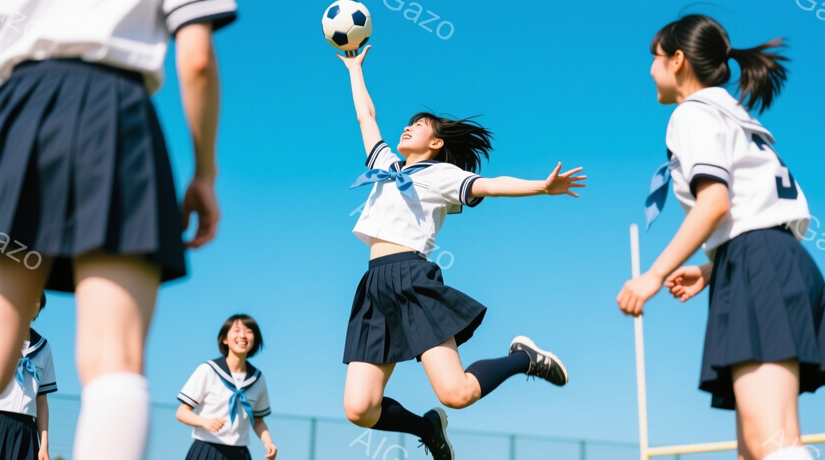 制服姿の女子高生がサッカーボールを頭上で蹴り上げようとジャンプしている様子が写っている。彼女は紺色のスカートと白いブラウス姿で、髪は長くストレート、笑顔を見せている。背景には緑のフィールドと青空が広が - AI生成フリー素材