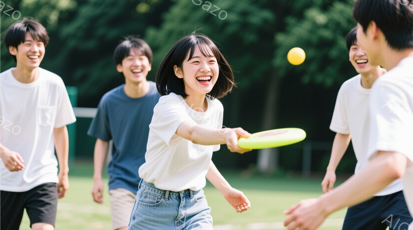 若者たちが芝生の公園でフリスビーを楽しんでいる様子が写っている。女性は白いTシャツとデニムのスカートを着て、笑顔でフリスビーを投げようとしている。背景には緑豊かな木々があり、晴れた日差しが差し込み、全 - AI生成フリー素材