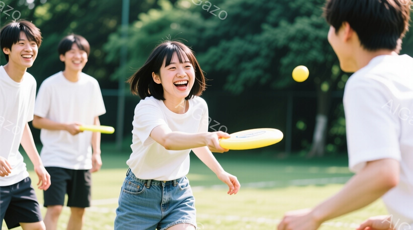 若い男女が芝生の公園でフリスビーを楽しんでいる様子が写っています。女性は白いTシャツとデニムのスカートを着ており、明るい笑顔でフリスビーを投げようとしています。背景には緑豊かな木々と明るい日差しがあり、全体的に活気があり、楽しい雰囲気が漂っています。