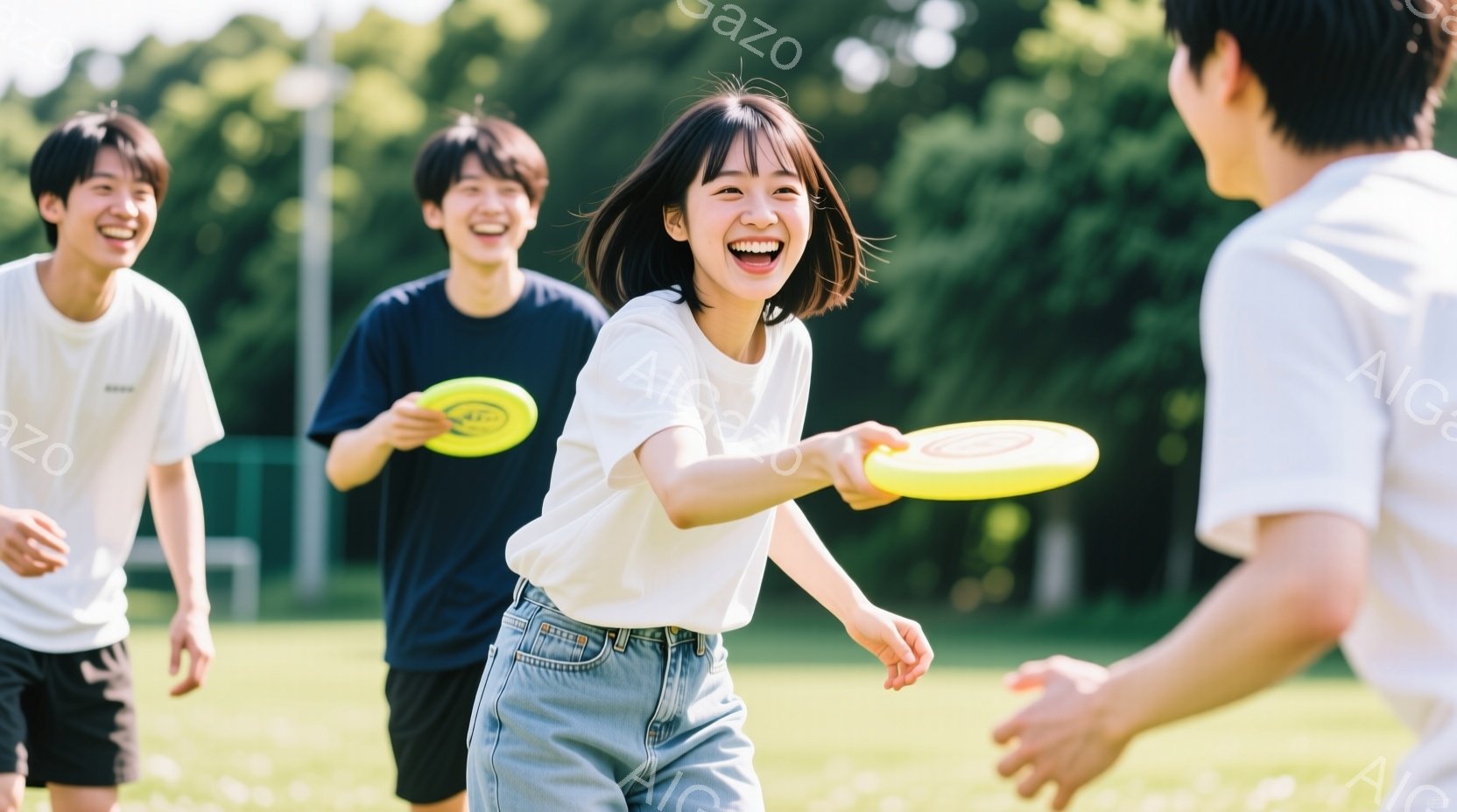晴れた日に公園でフリスビーをしている若い男女が写っている。女性は白いTシャツとデニムのズボンを着用し、短い髪をかき上げ、満面の笑みでフリスビーを投げようとしている。背景には緑豊かな芝生と木々が見え、明 - AI生成フリー素材