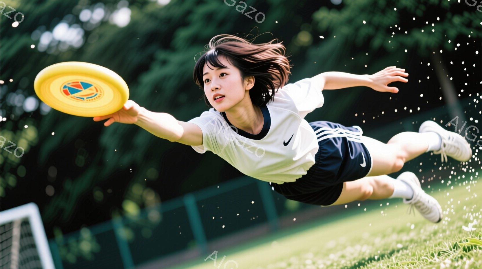 白いTシャツと黒いショートパンツを着た若い女性が、空中でフリスビーをキャッチしようとしています。彼女は少し微笑んでおり、髪は風になびいています。背景には緑豊かな木々やテニスコートのネットが見え、晴れた日の活動的なシーンを捉えています。