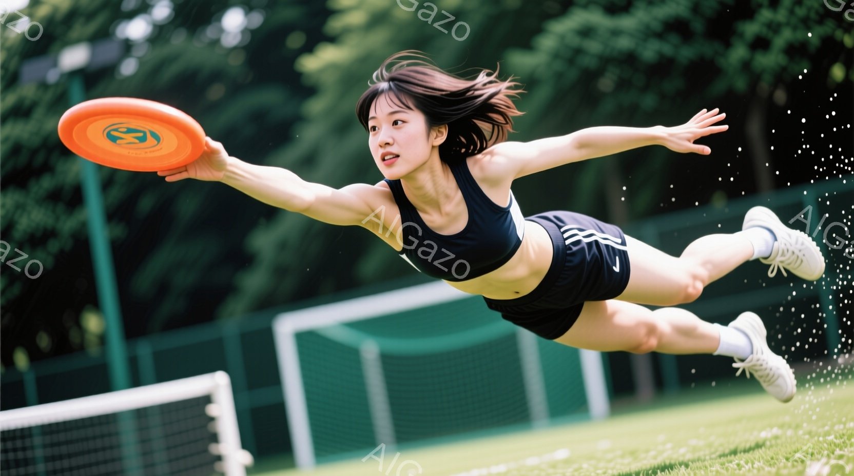 黒いスポーツブラとショートパンツを着た女性が、空中でディスクをキャッチしようと両手を伸ばしています。彼女は少し口を開け、集中した表情で、髪が風になびいています。背景には緑豊かな木々と、テニスコートのネットが見え、晴れた日の活気ある様子が伺えます。