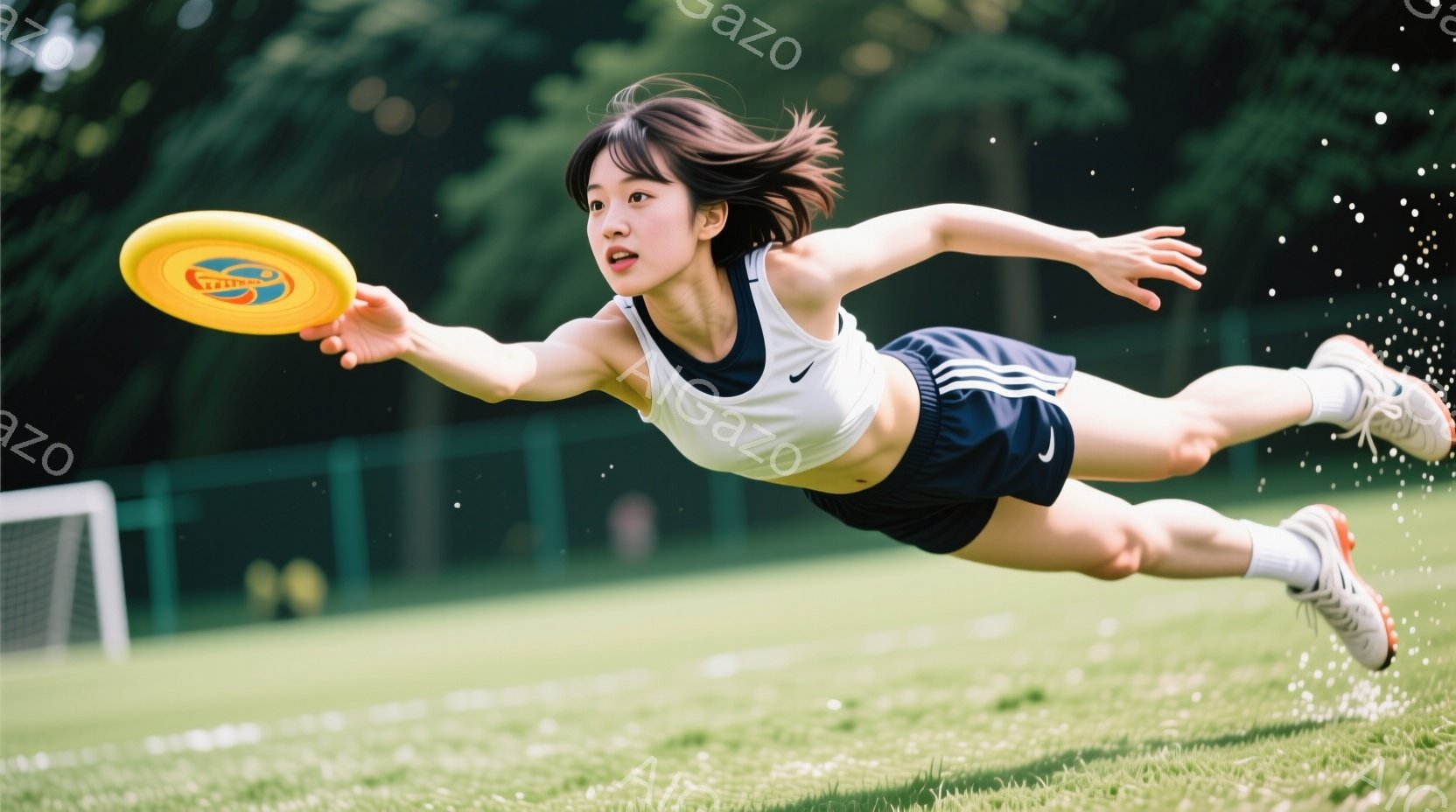 若い女性が空中でフリスビーをキャッチしようとしている躍動的な写真です。彼女は白いタンクトップと紺色のショートパンツを着ており、髪は後ろでポニーテールにまとめられています。背景には緑の芝生とフェンスがあ - AI生成フリー素材