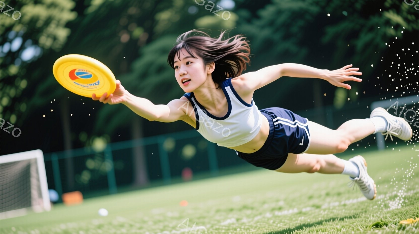 鮮やかな緑の芝生の上を、女性がダイナミックに空中で体を伸ばしている。白いタンクトップと紺色のショートパンツというスポーティーな服装で、風になびく長い髪が躍動感を際立たせている。背景には緑豊かな木々が見 - AI生成フリー素材