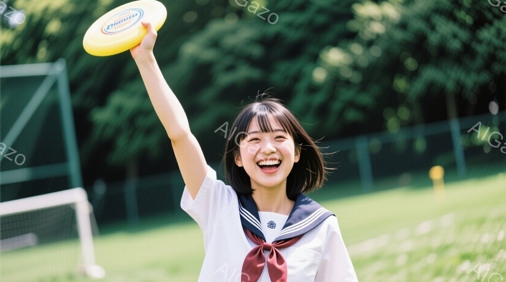 短い茶色の髪で、笑顔の若い女性が写っている。彼女はセーラー服を着ており、右手を高く上げ、黄色いフリスビーを持っている。背景には緑豊かな芝生とサッカーゴールが見え、晴天で明るい雰囲気である。 - AI生成フリー素材