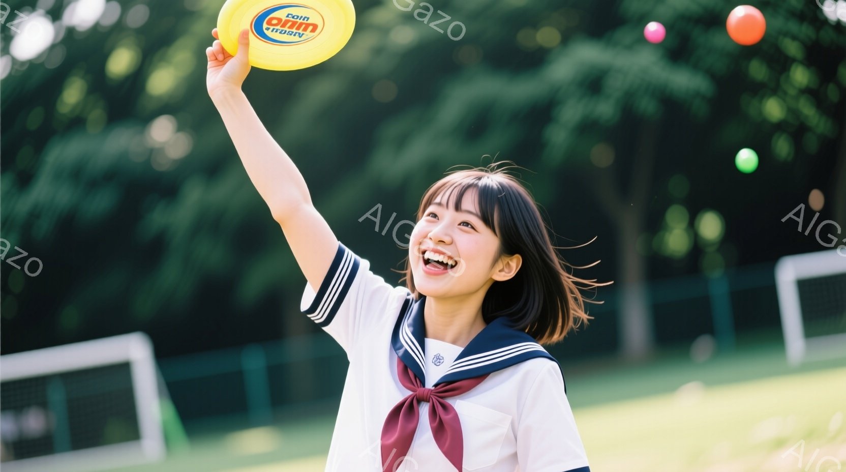 制服姿の若い女性が、テニスボールを高く投げ上げています。彼女は明るい笑顔を見せ、右手を高く上げ、テニスボールを見つめています。背景にはテニスコートがあり、緑豊かな自然と晴天が広がっており、全体的に活気 - AI生成フリー素材